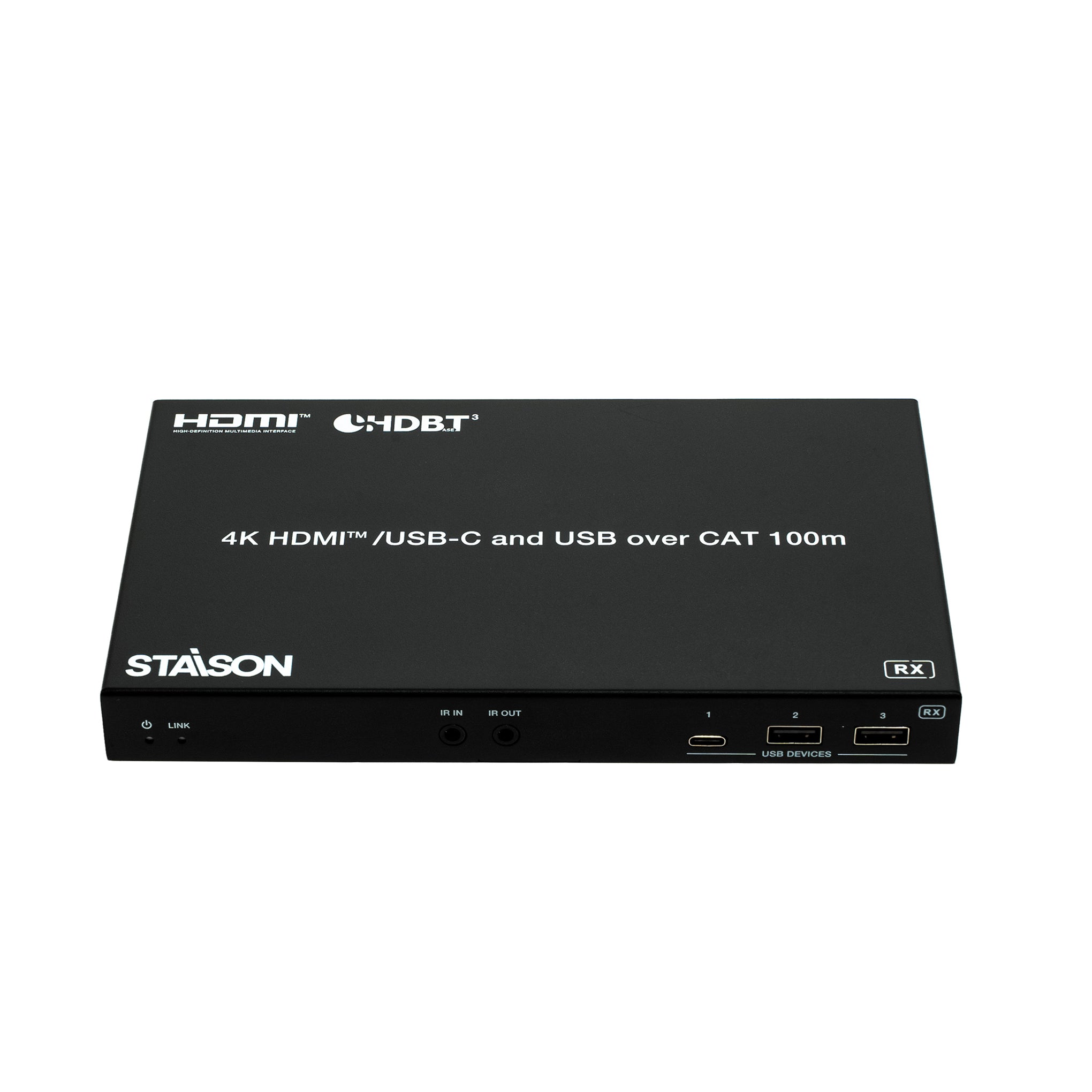Black electronic device with HDMI and USB-C ports on a white background