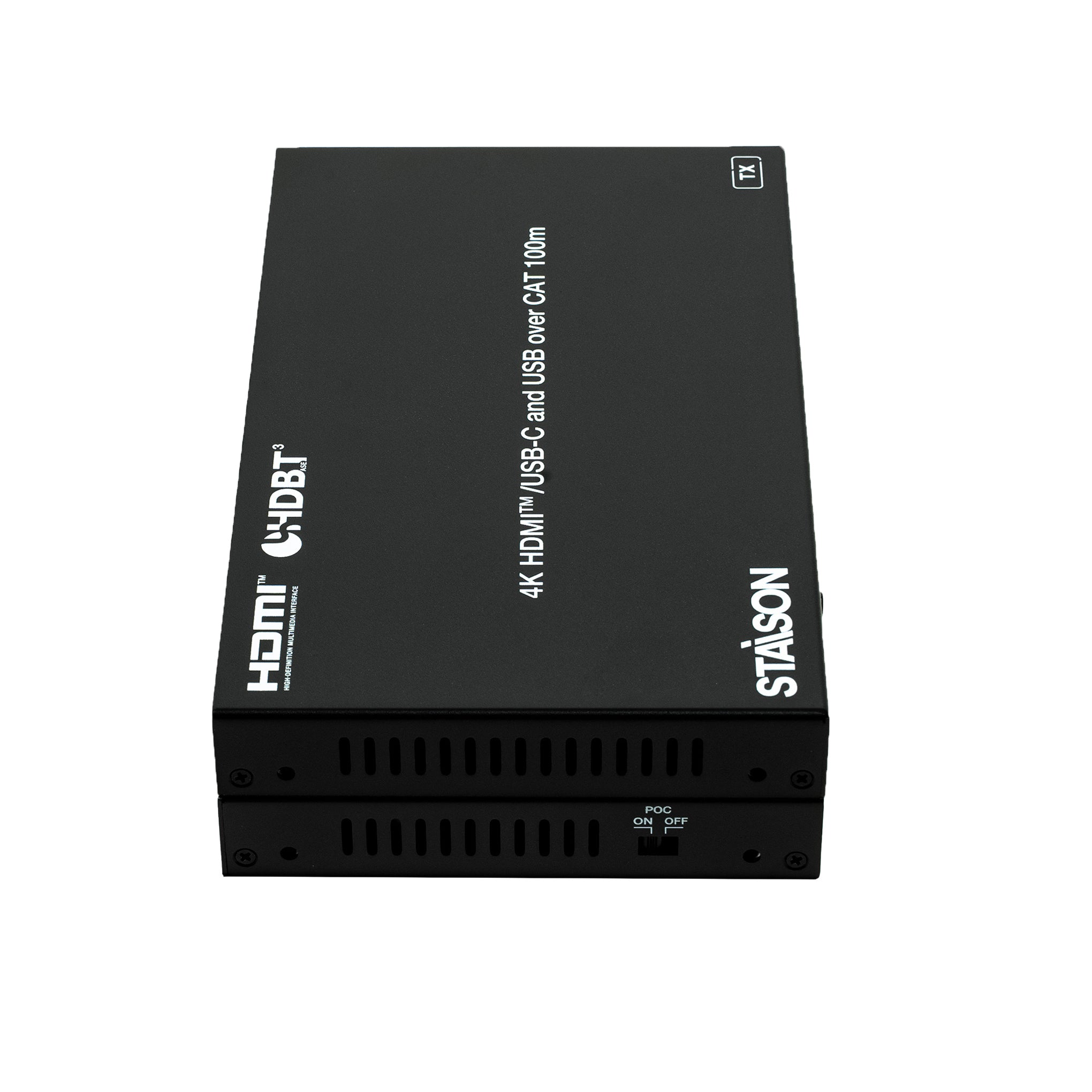 Black electronic device with branding on a white background