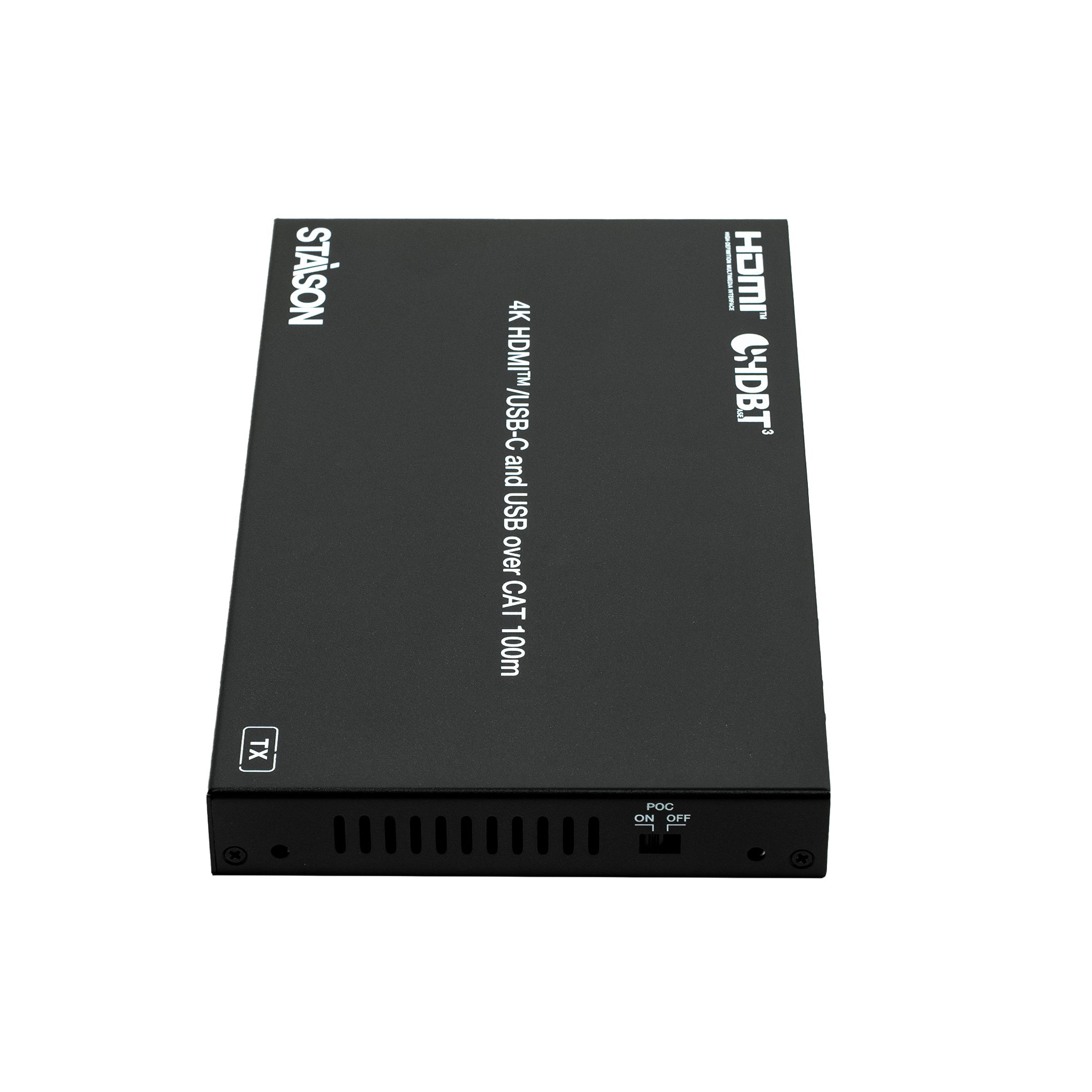 Black electronic device with branding on a white background