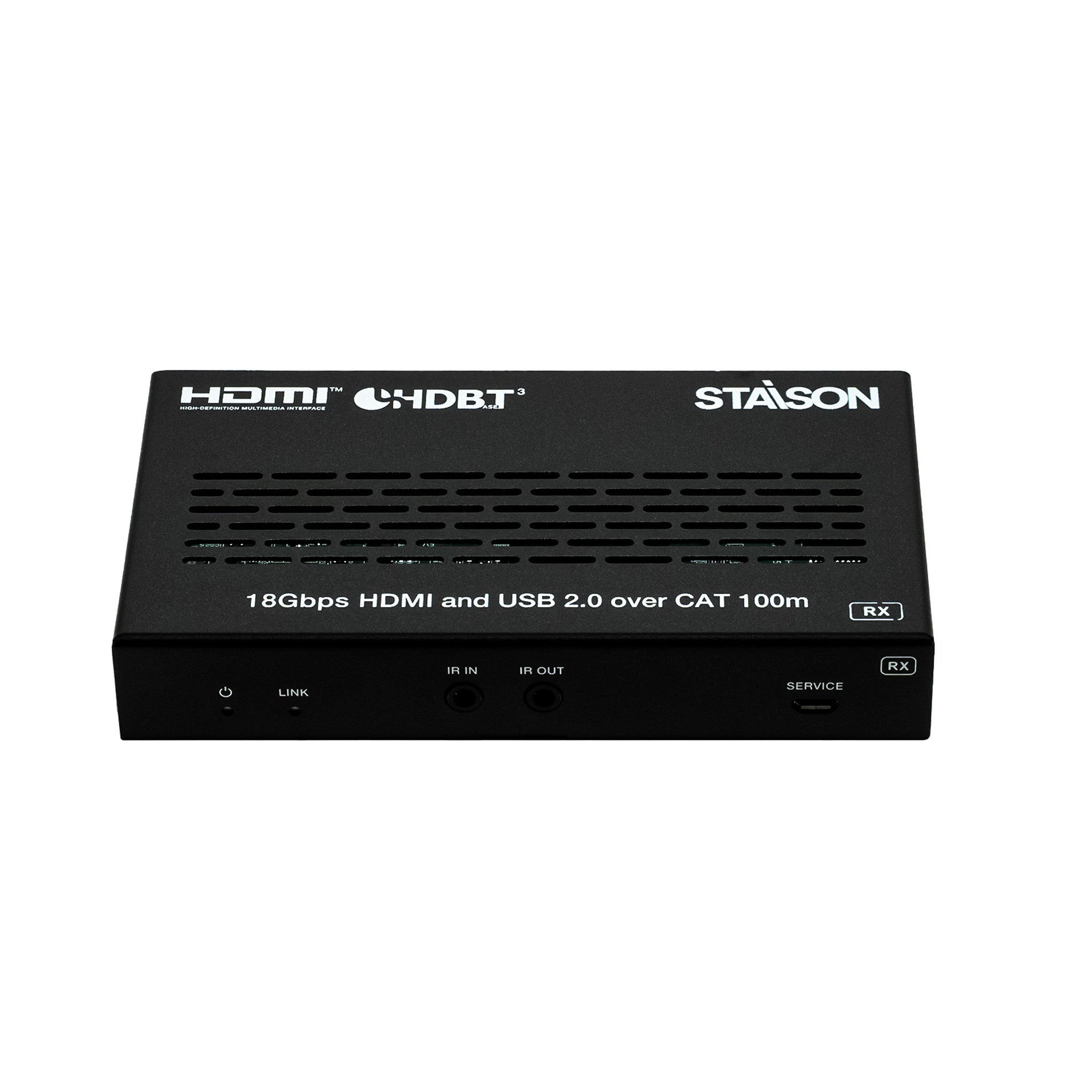 Black electronic device HDMI AND USB C over CAT with 'Staison' branding on a white background