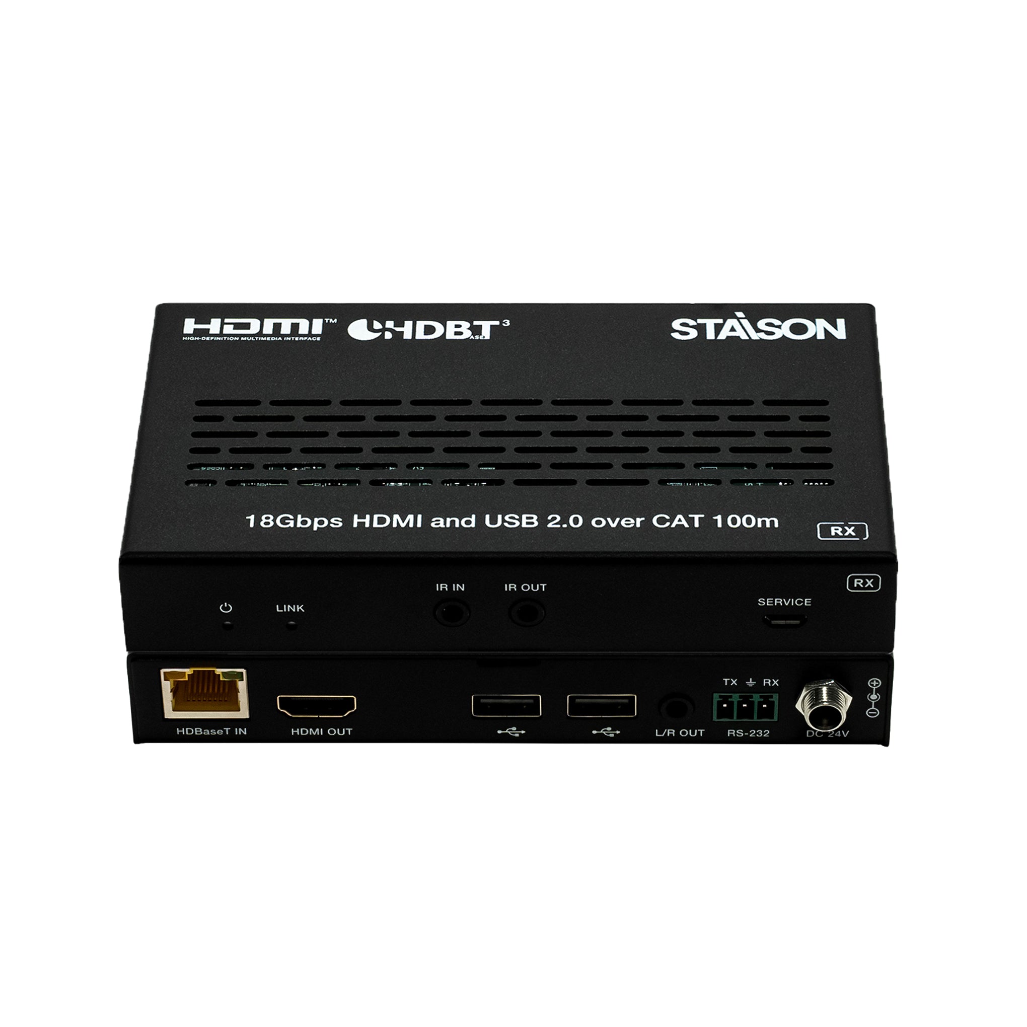 Black electronic device with HDMI and USB ports on a white background