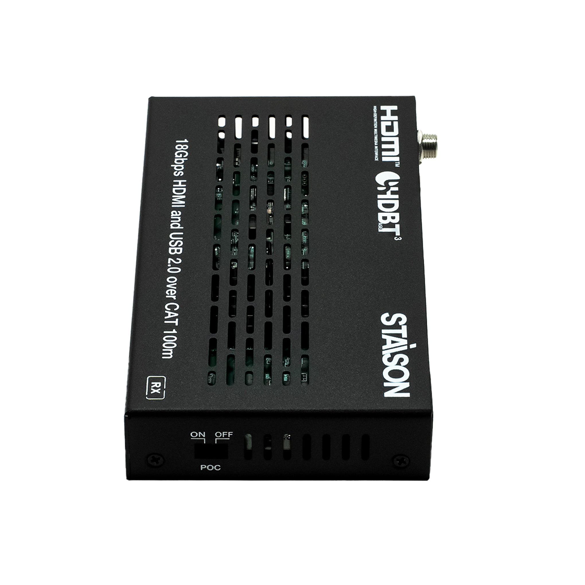 Black electronic device with text on a white background