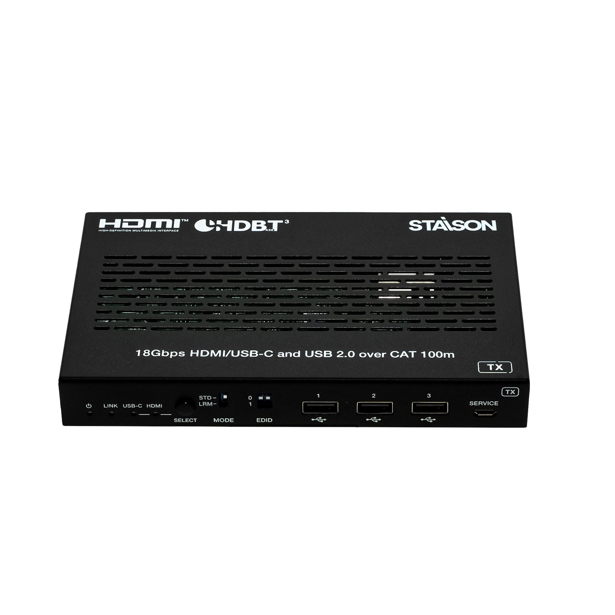 Black electronic device with 'HDMI', 'HDBT', and 'STAISON' branding on a white background