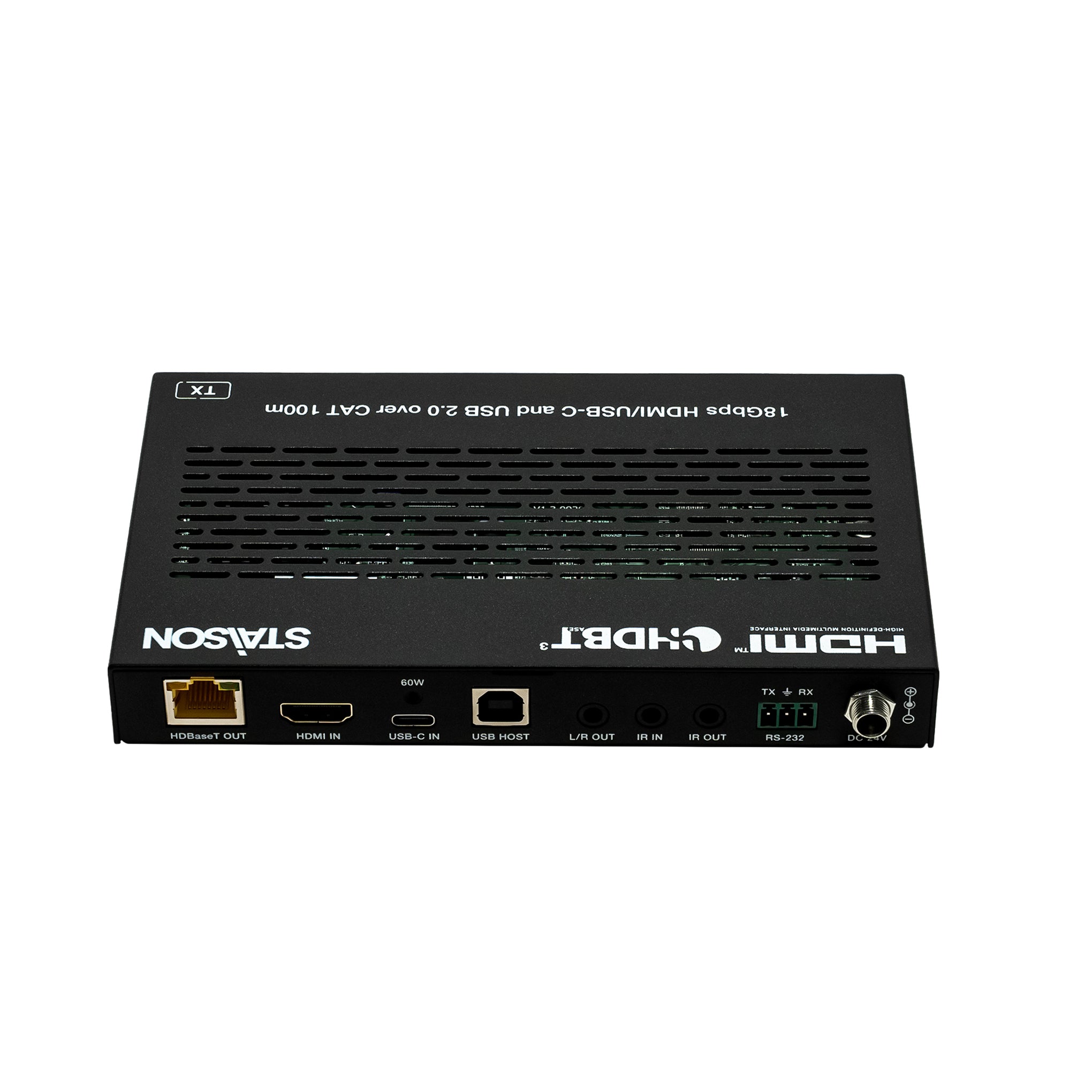 Black electronic device with various ports on a white background