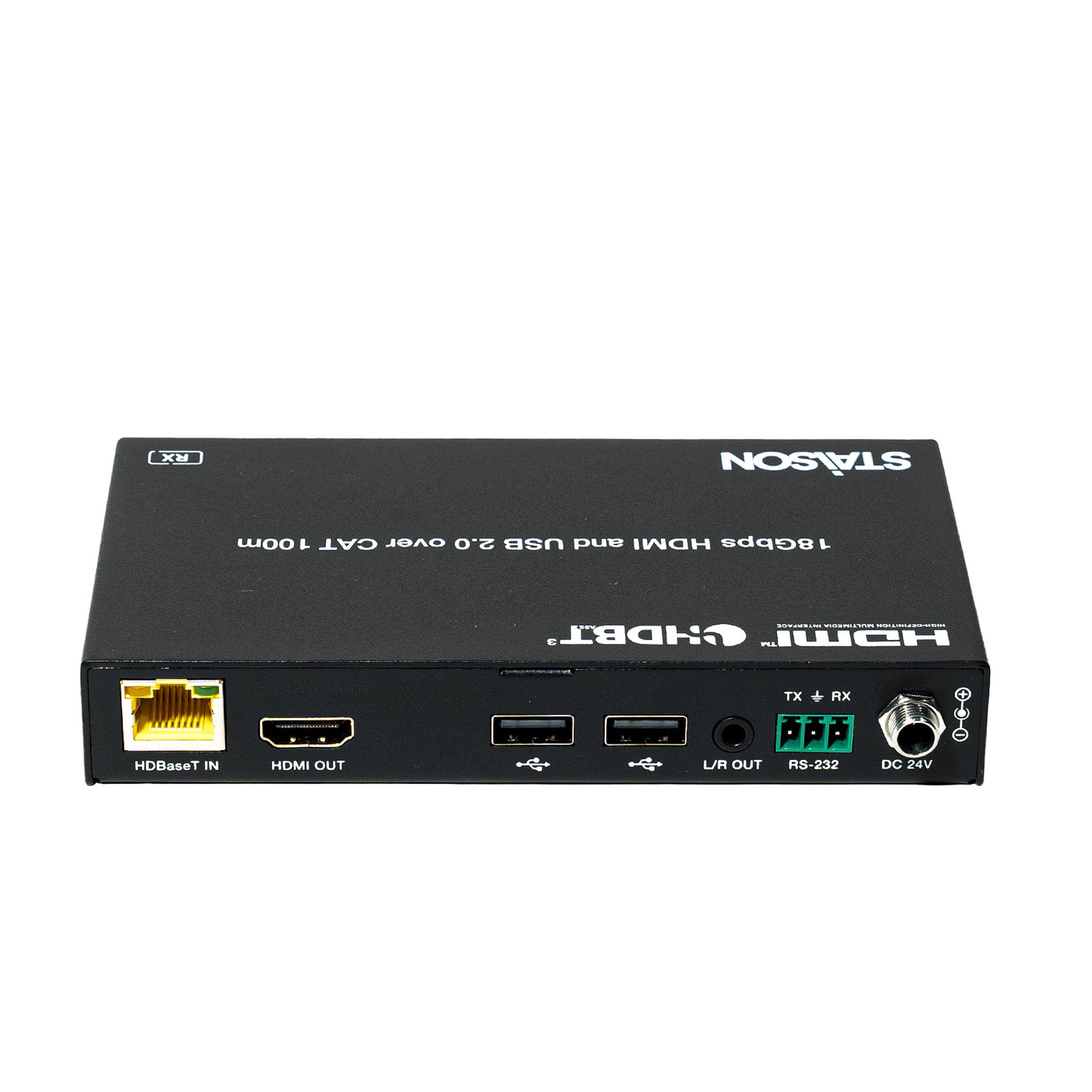 Black STASON HDMI over CAT5e/6/7 KVM extender on a white background