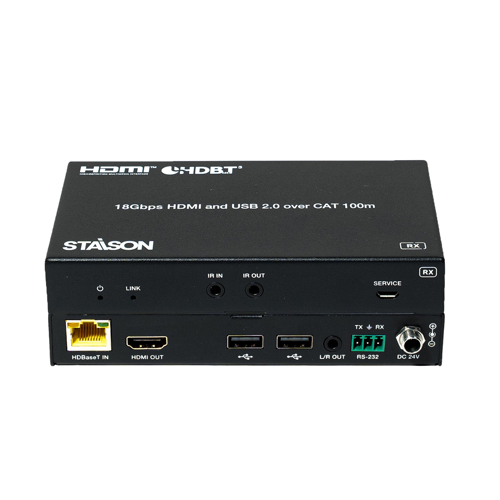 Black Staison HDMI and USB over CAT device on a white background