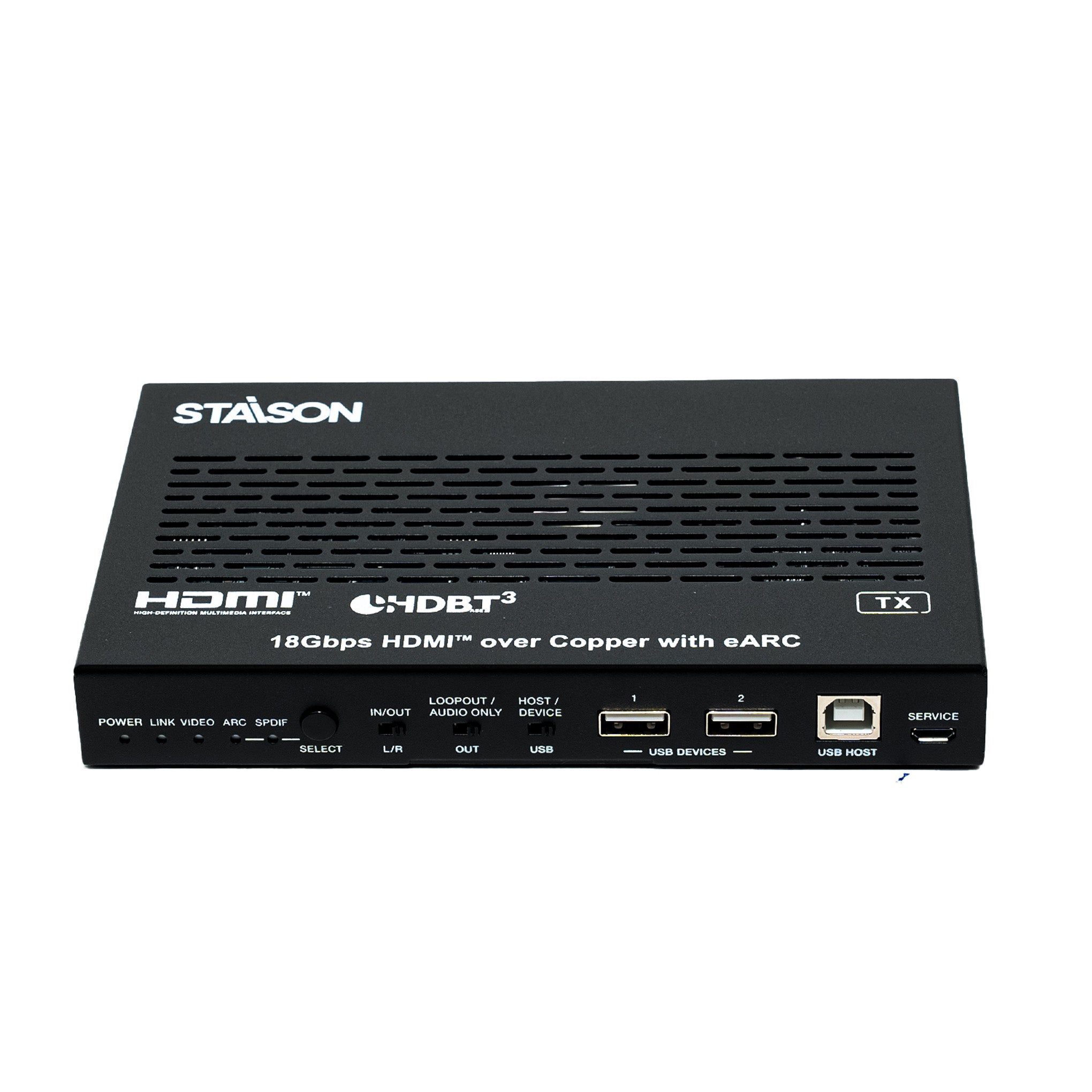 Black HDMI over copper device with multiple ports on a white background