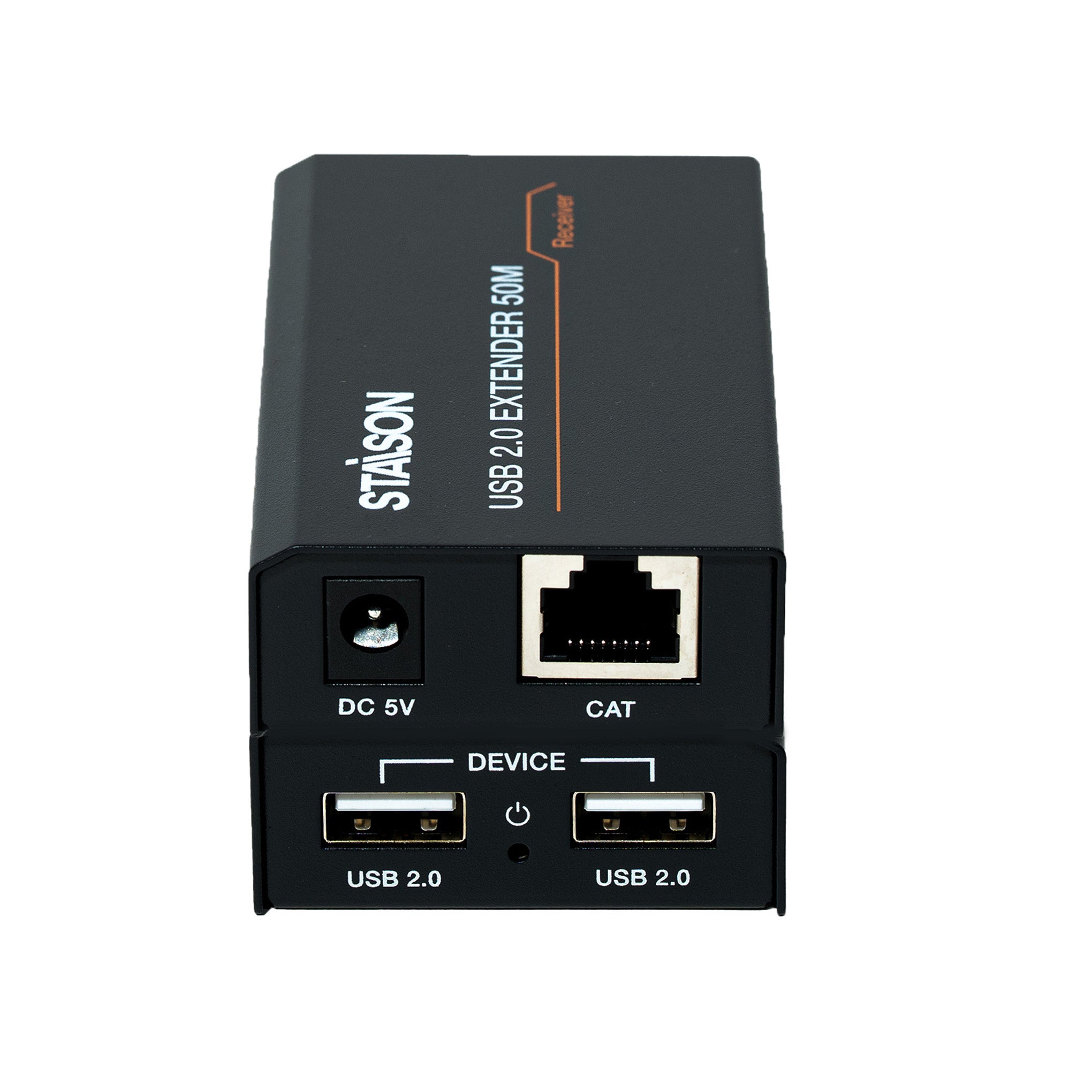 Black USB 2.0 extender device with ports on a white background