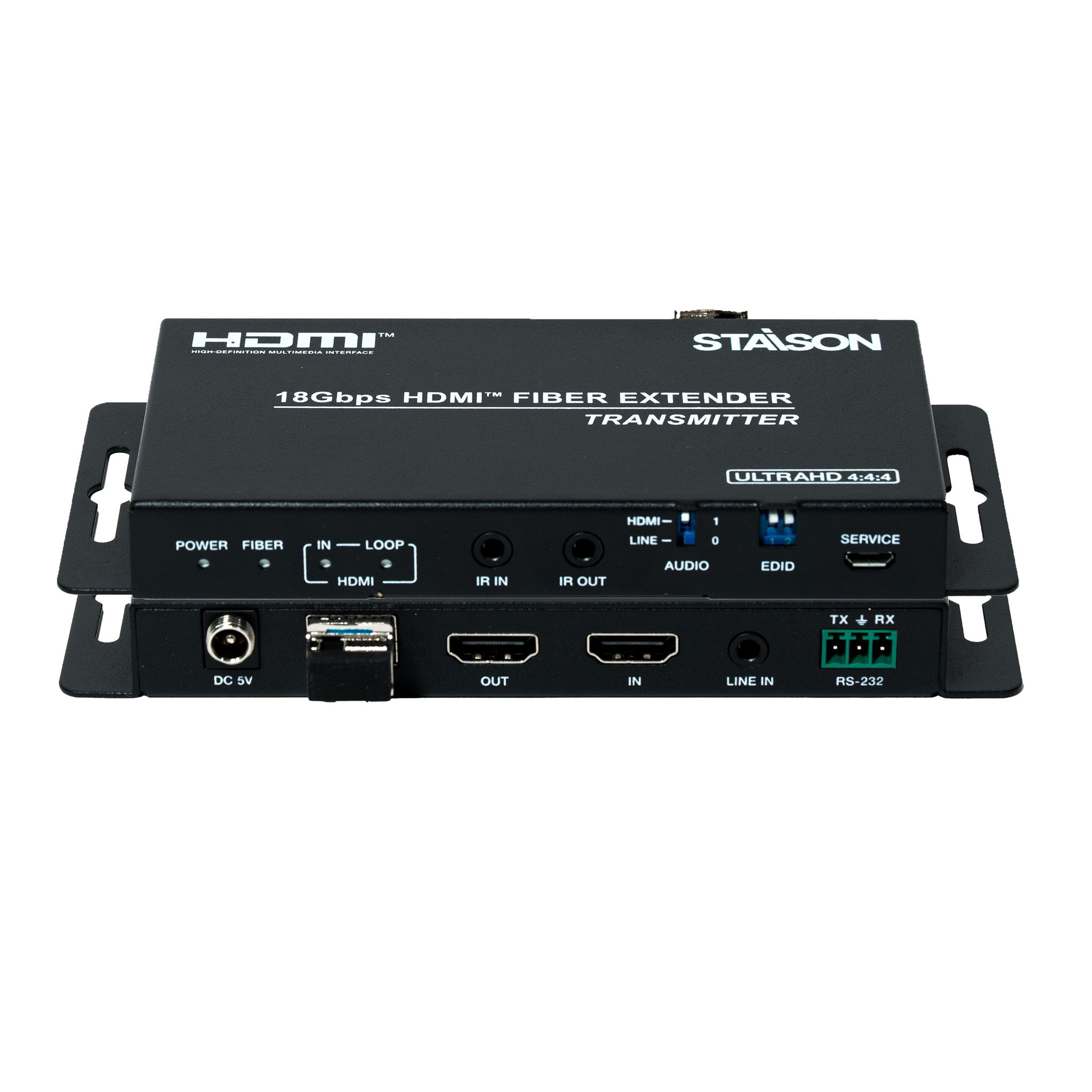 HDMI fiber extender transmitter with multiple ports and STAISON on a white background