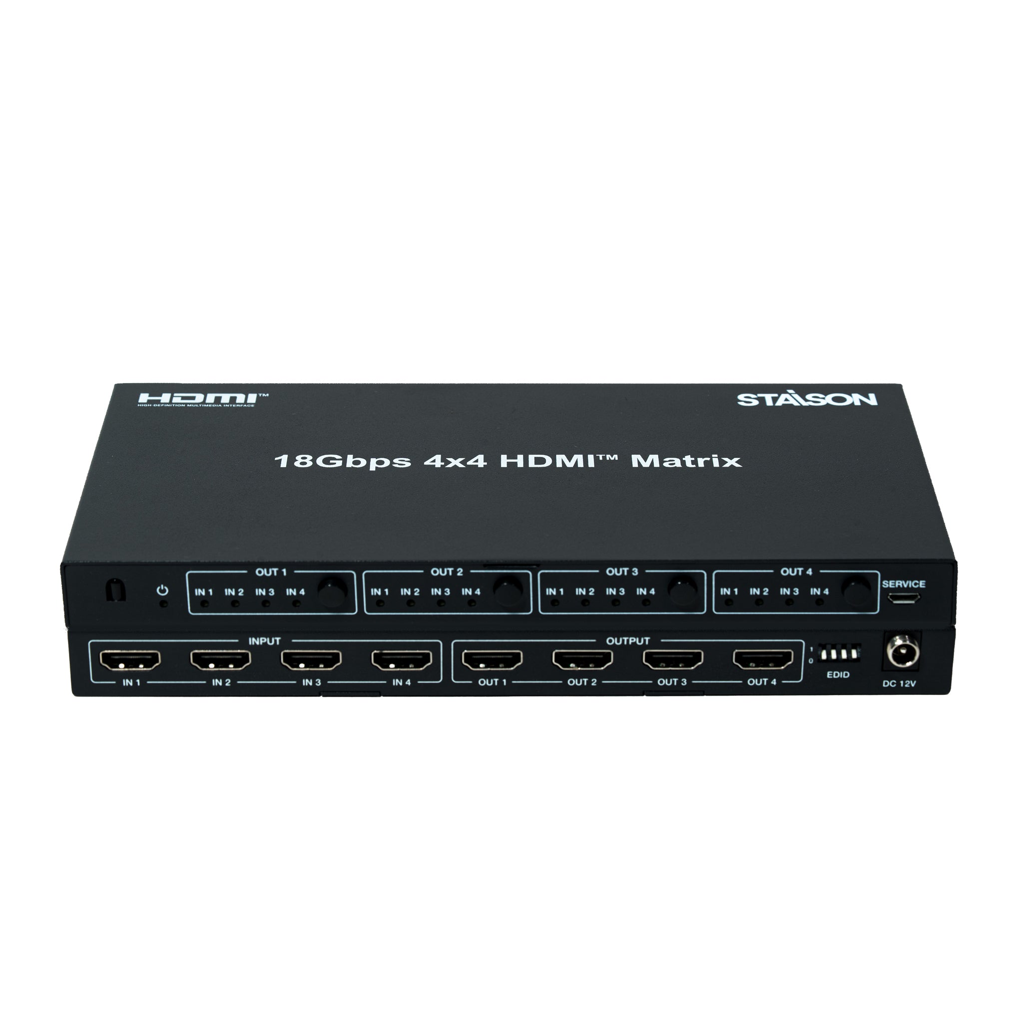 HDMI matrix switcher with multiple inputs and outputs on a white background.