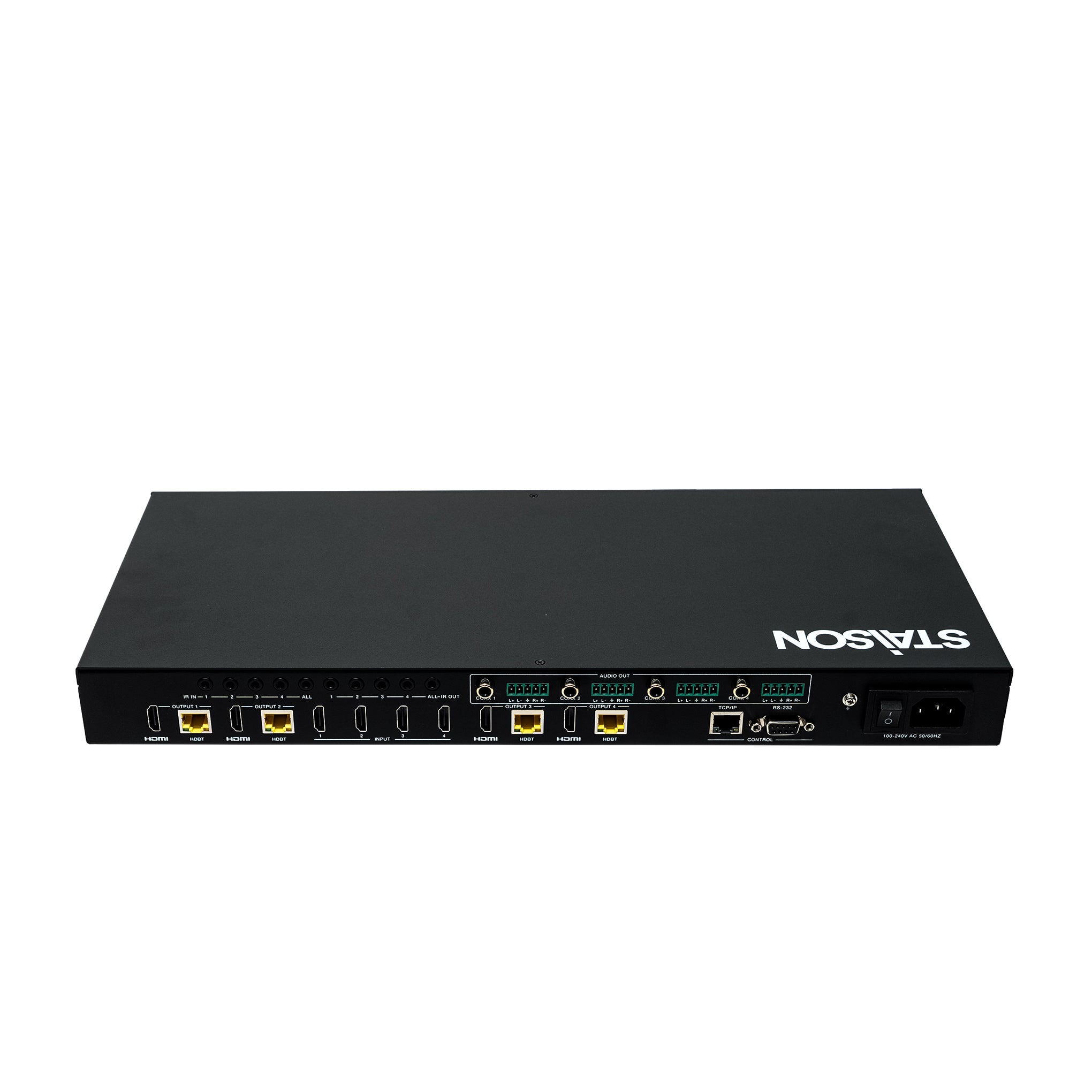 Black electronic device with multiple ports on a white background.