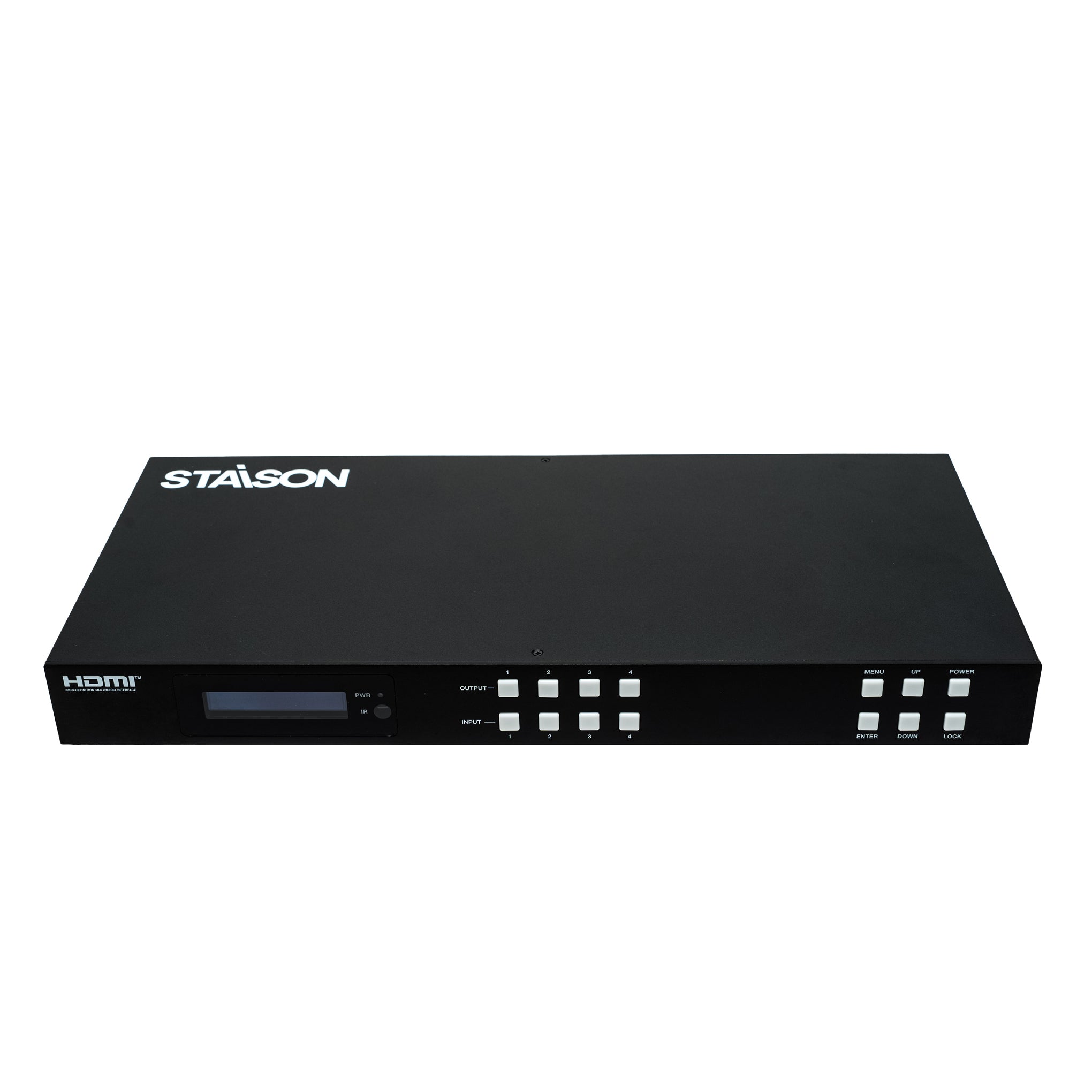4*4 HDMI Matrix with multiple switch and staison branding on a white background.