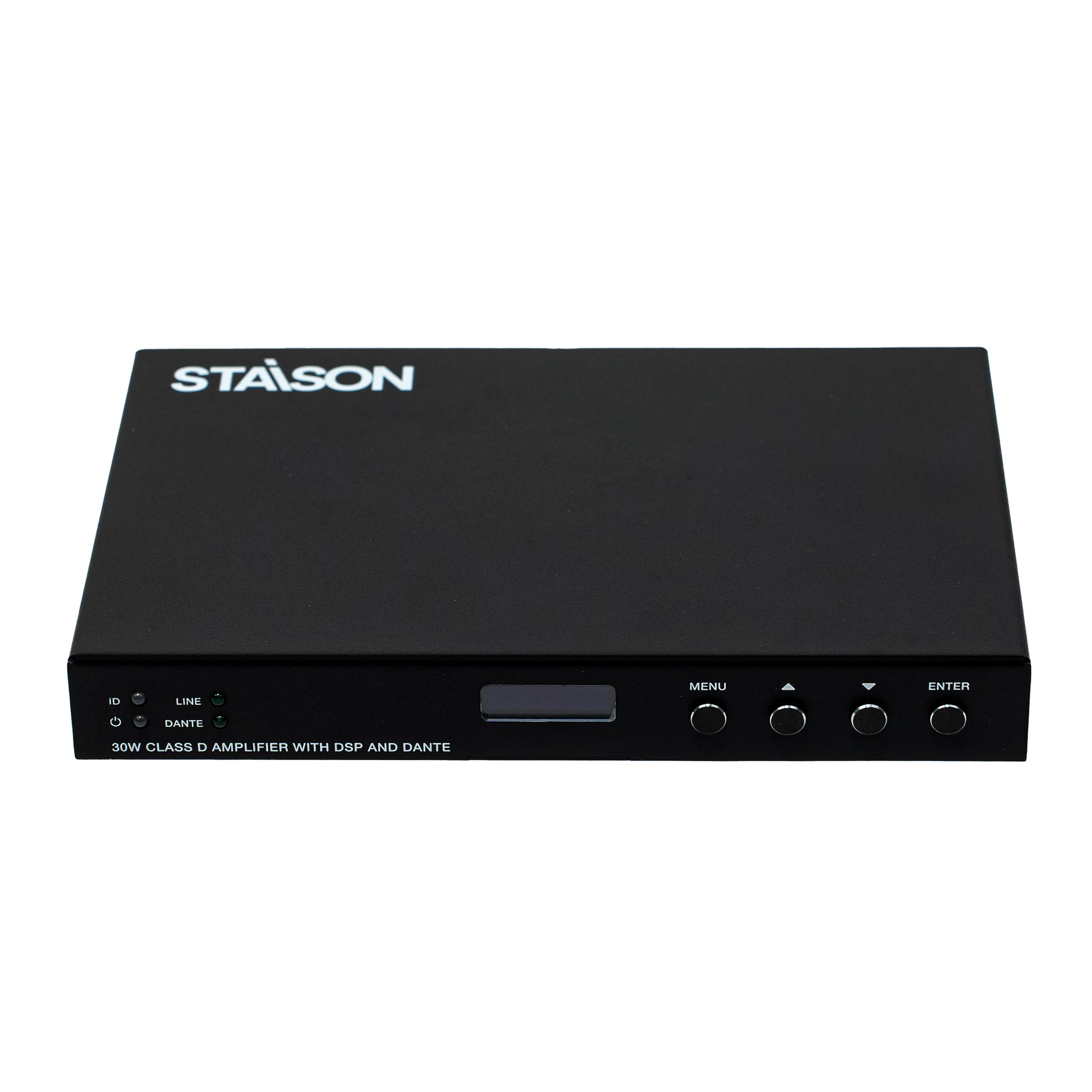 Black audio amplifier with Stasion branding on a white background
