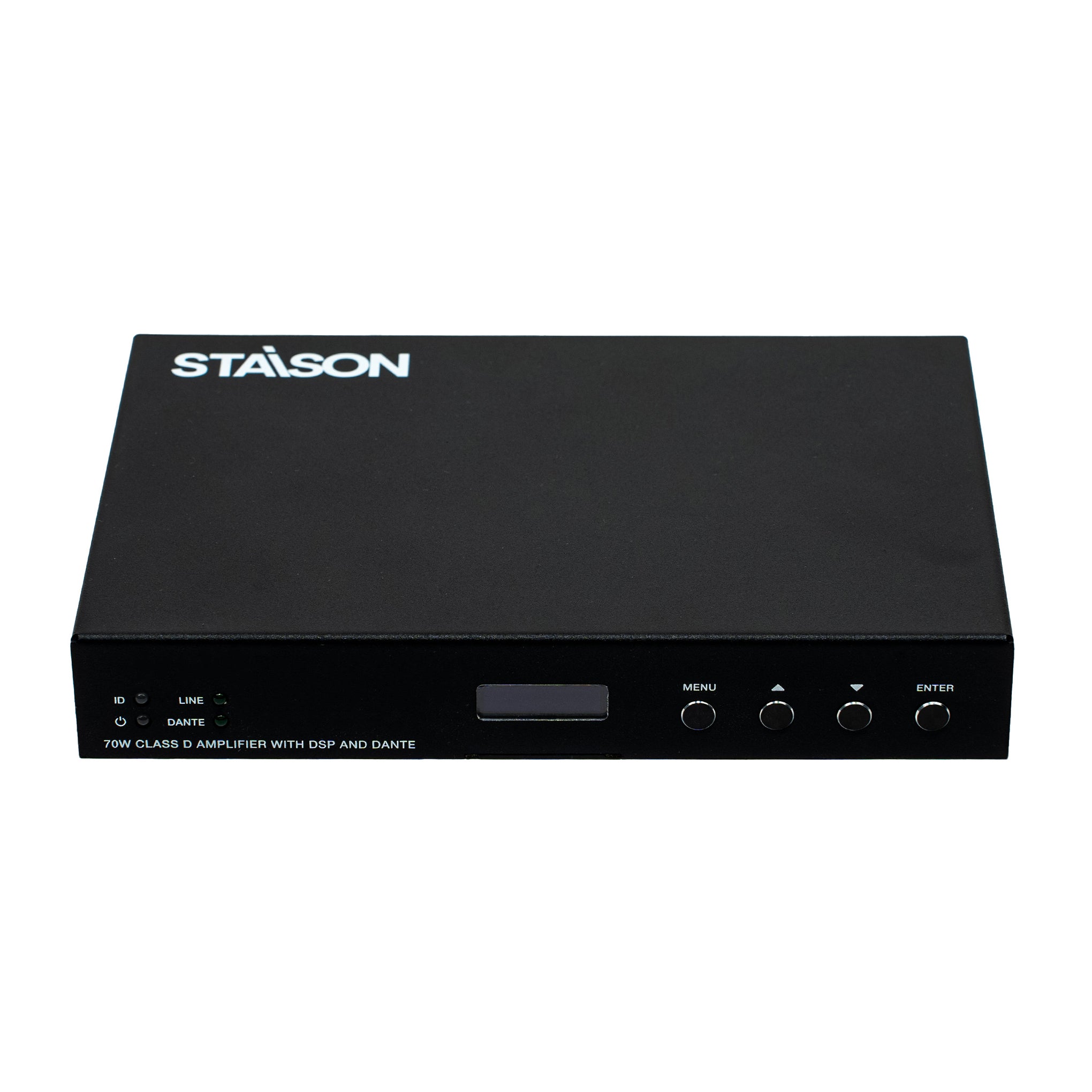 Black amplifier with Staison branding on a white background