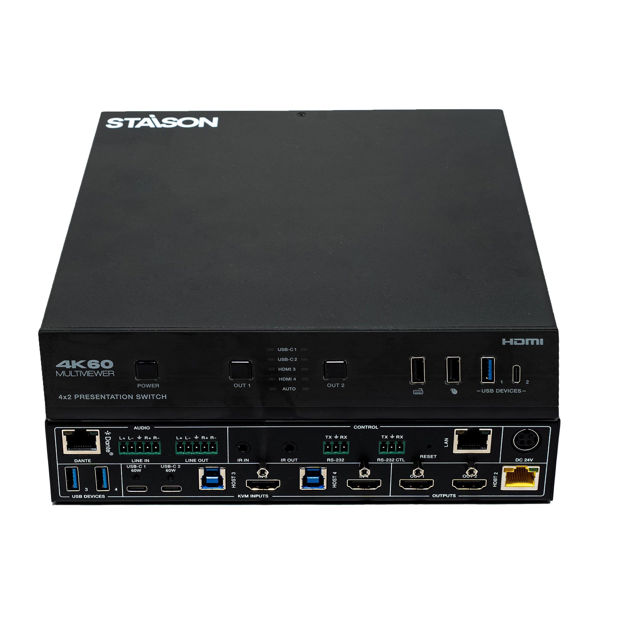 Black Stasion 4K 60Hz multimedia switcher on a white background