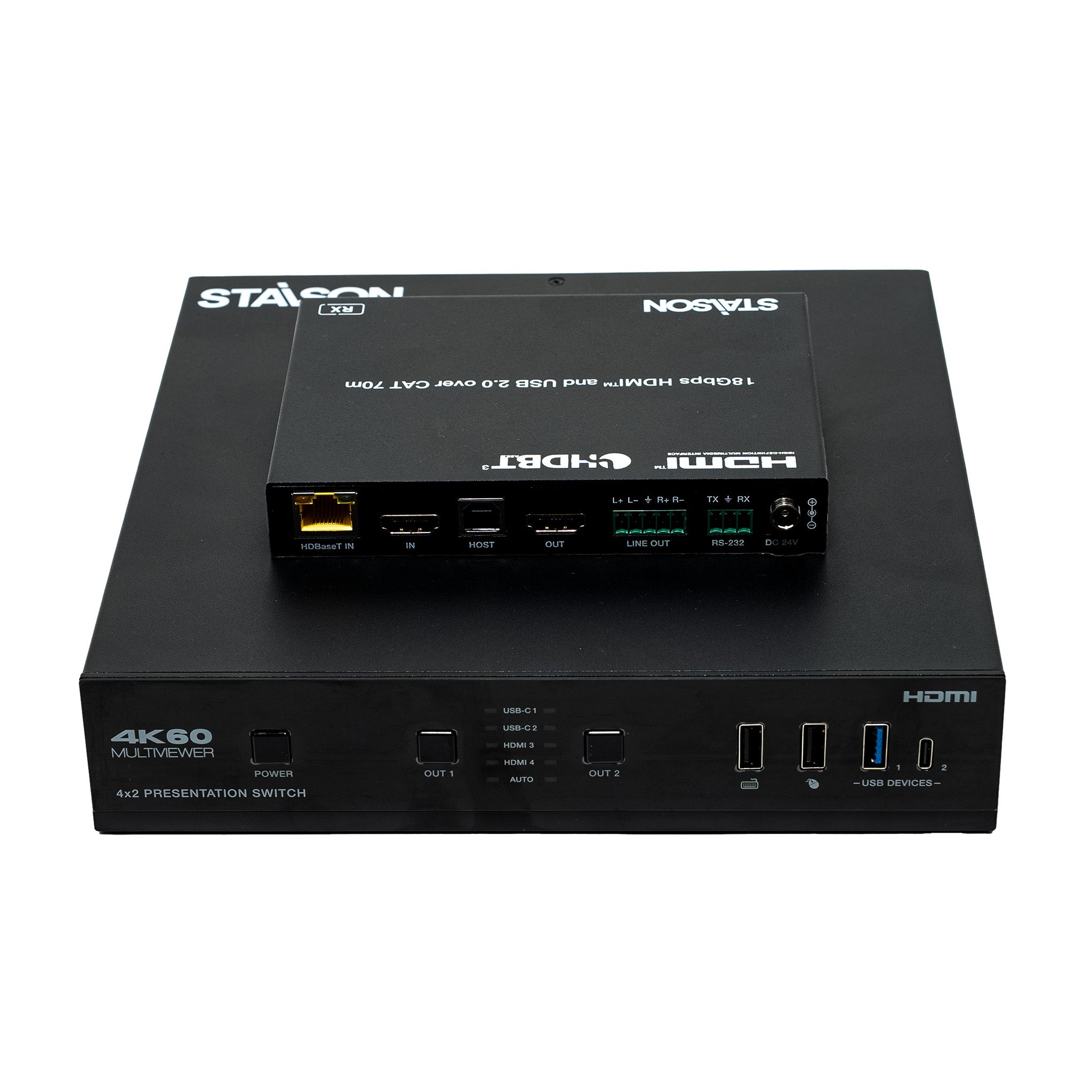 Black electronic device with multiple ports and branding on a white background