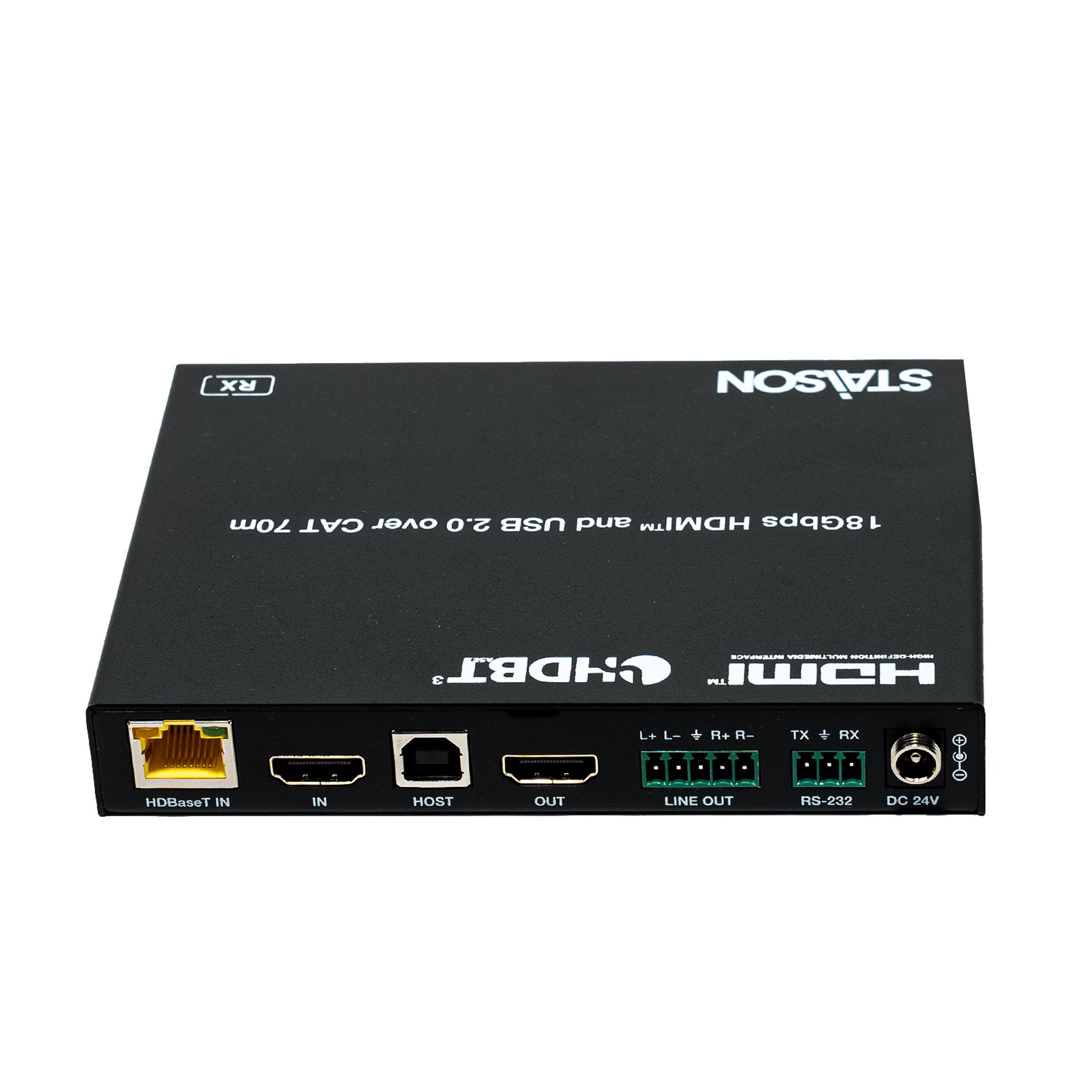 Black electronic device with various ports and branding on a white background