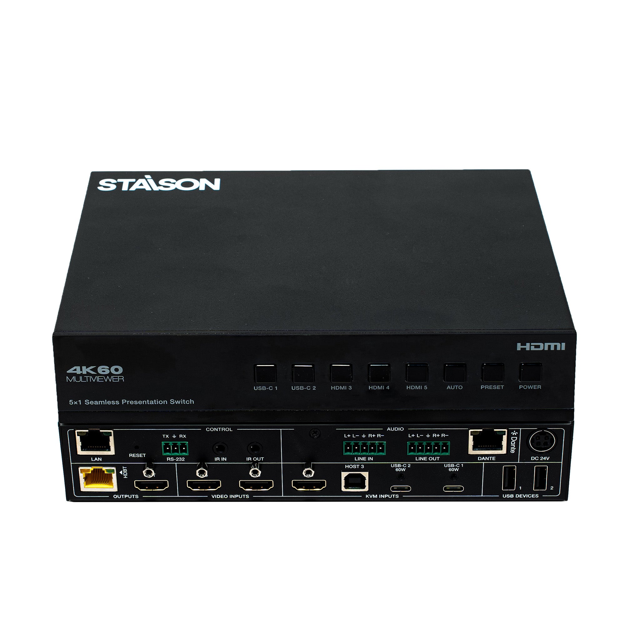 Black Stasion 4K60 multi-viewer switch with multiple ports on a white background