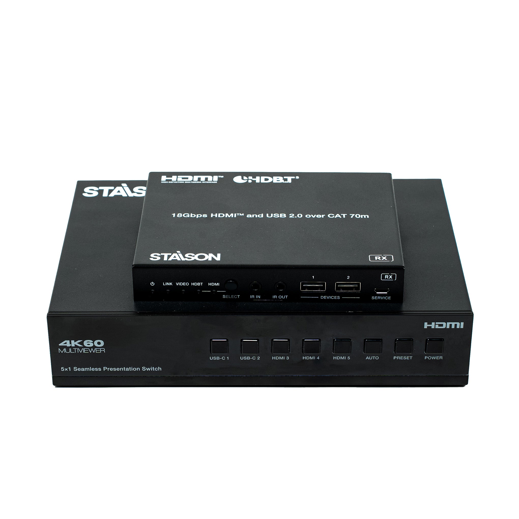 Black HDMI and USB device with Stasion branding on a white background