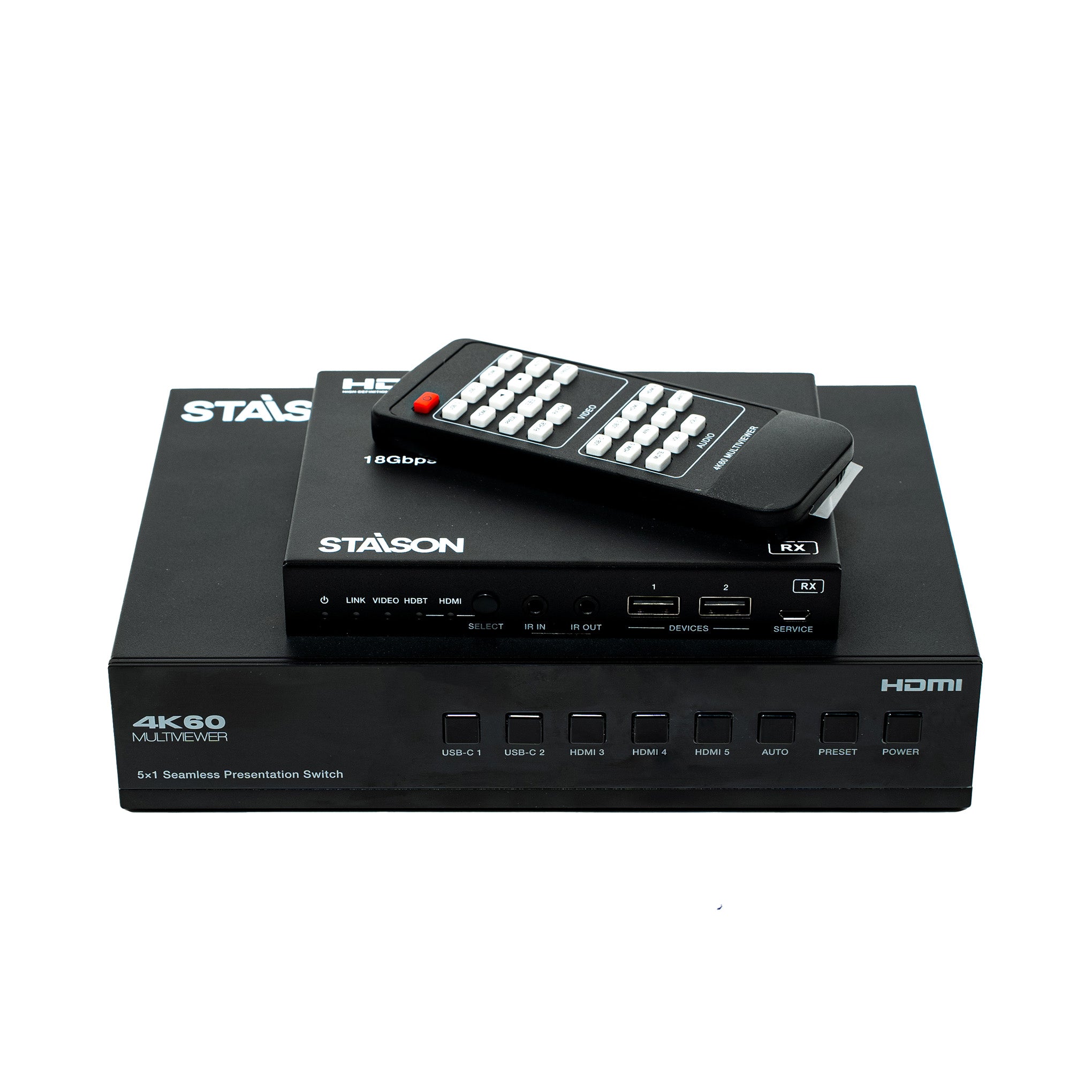 Staison HDMI 4K60 switcher with remote control on a white background