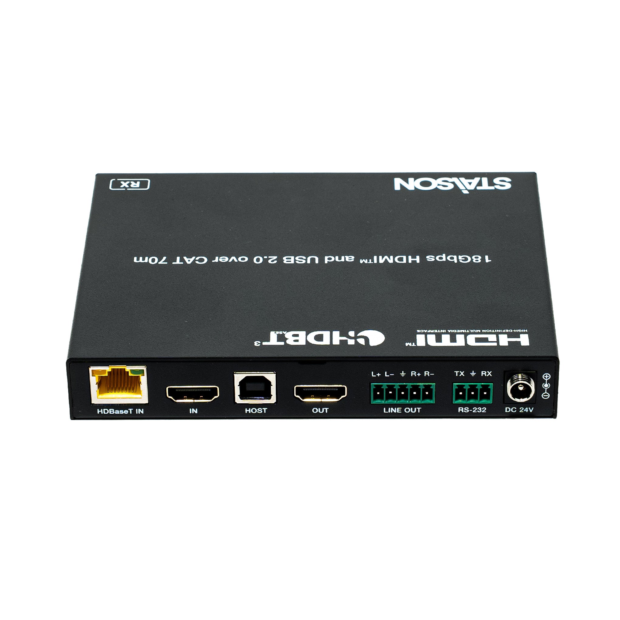 Electronic device with various ports and branding on a white background
