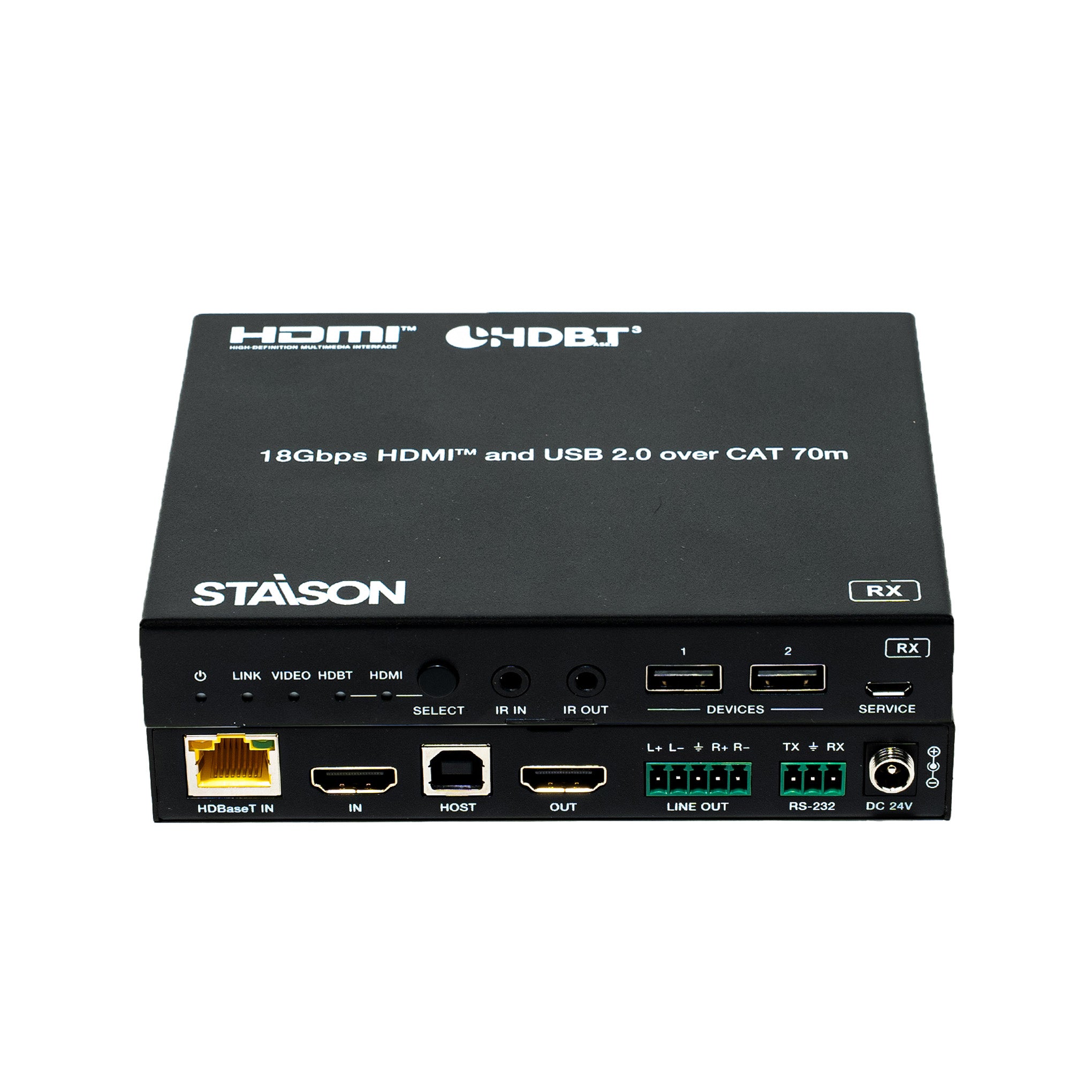 Electronic device with various ports and branding on a white background