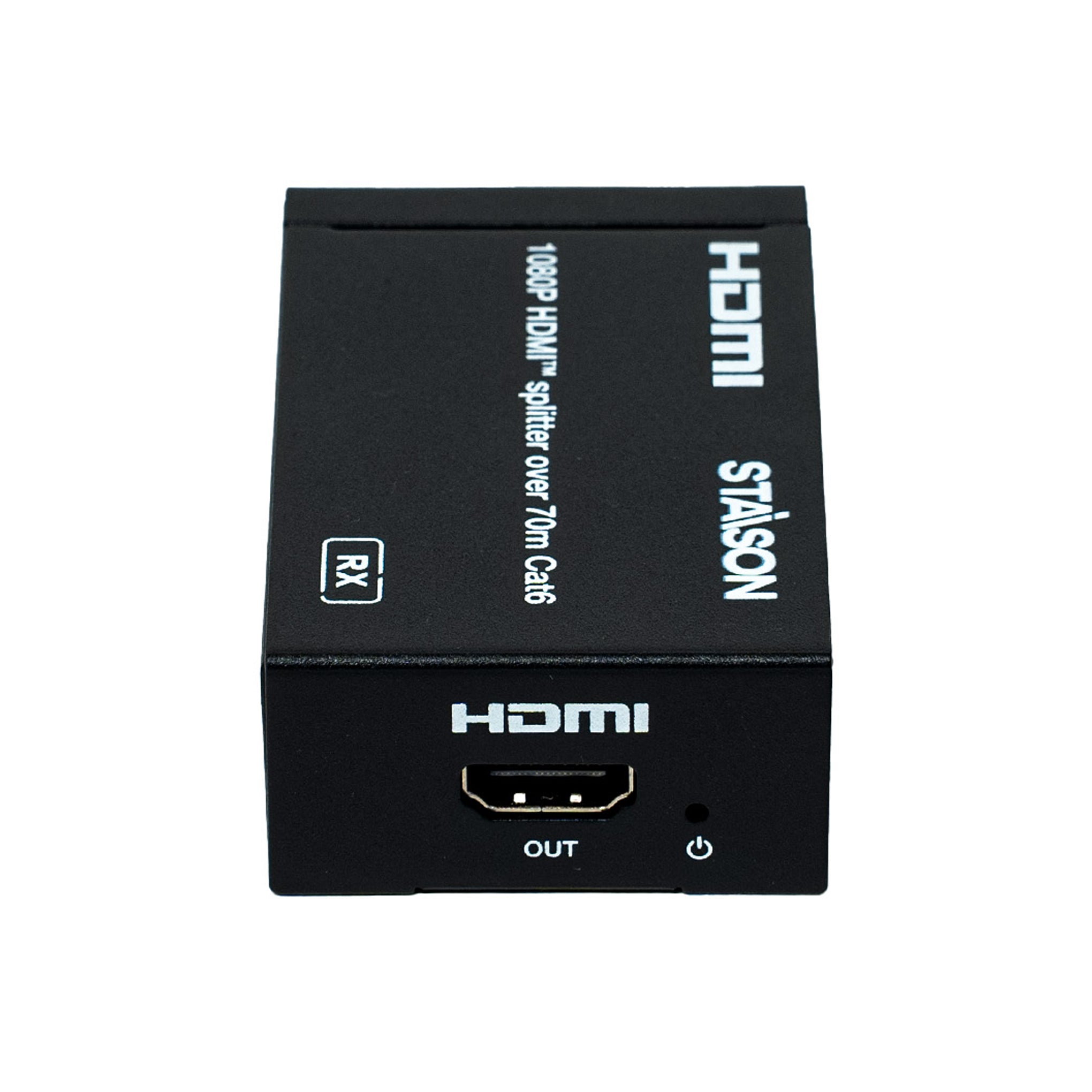 Black HDMI splitter on a white background