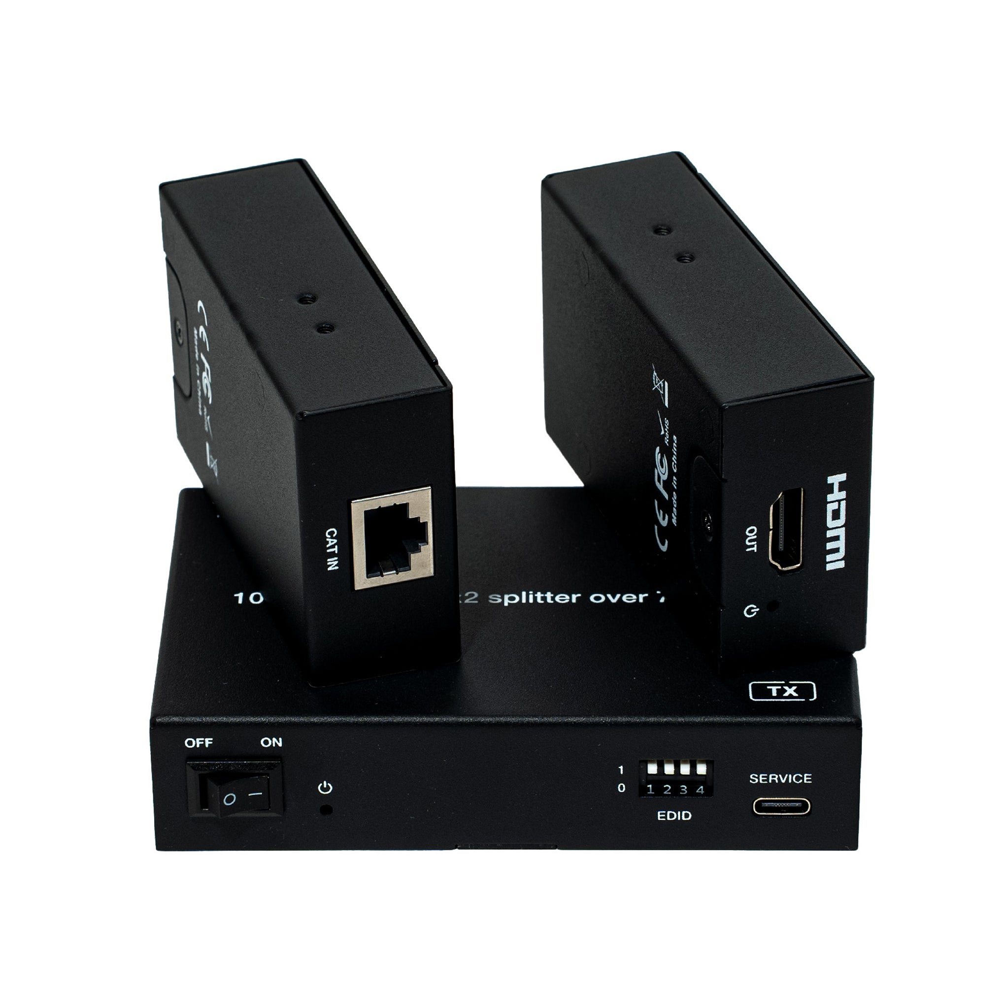 Set of electronic devices including a splitter and HDMI connector on a white background