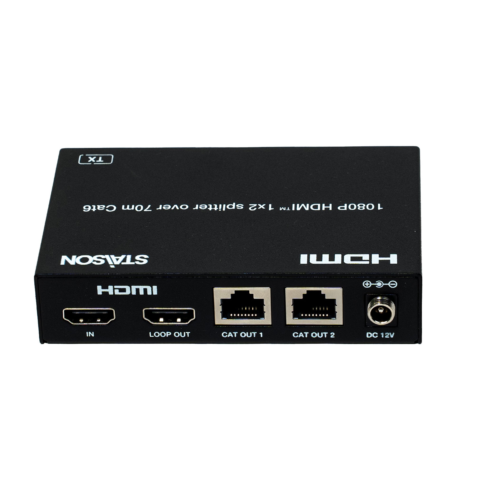 HDMI splitter box with labels on a white background