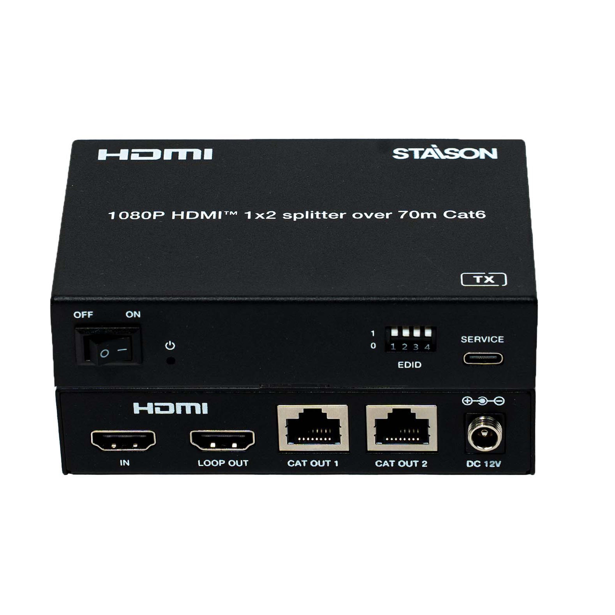 HDMI splitter device with various ports on a white background