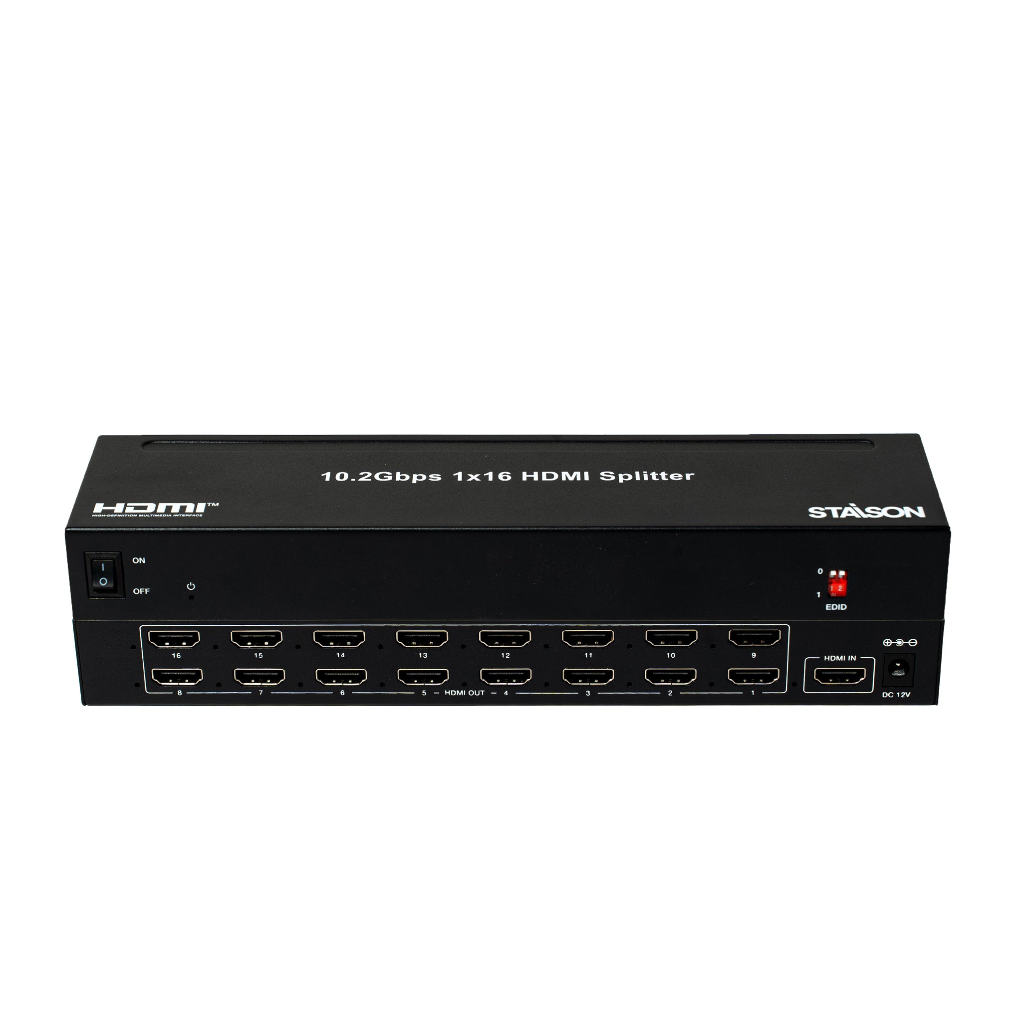 HDMI splitter with multiple ports on a white background