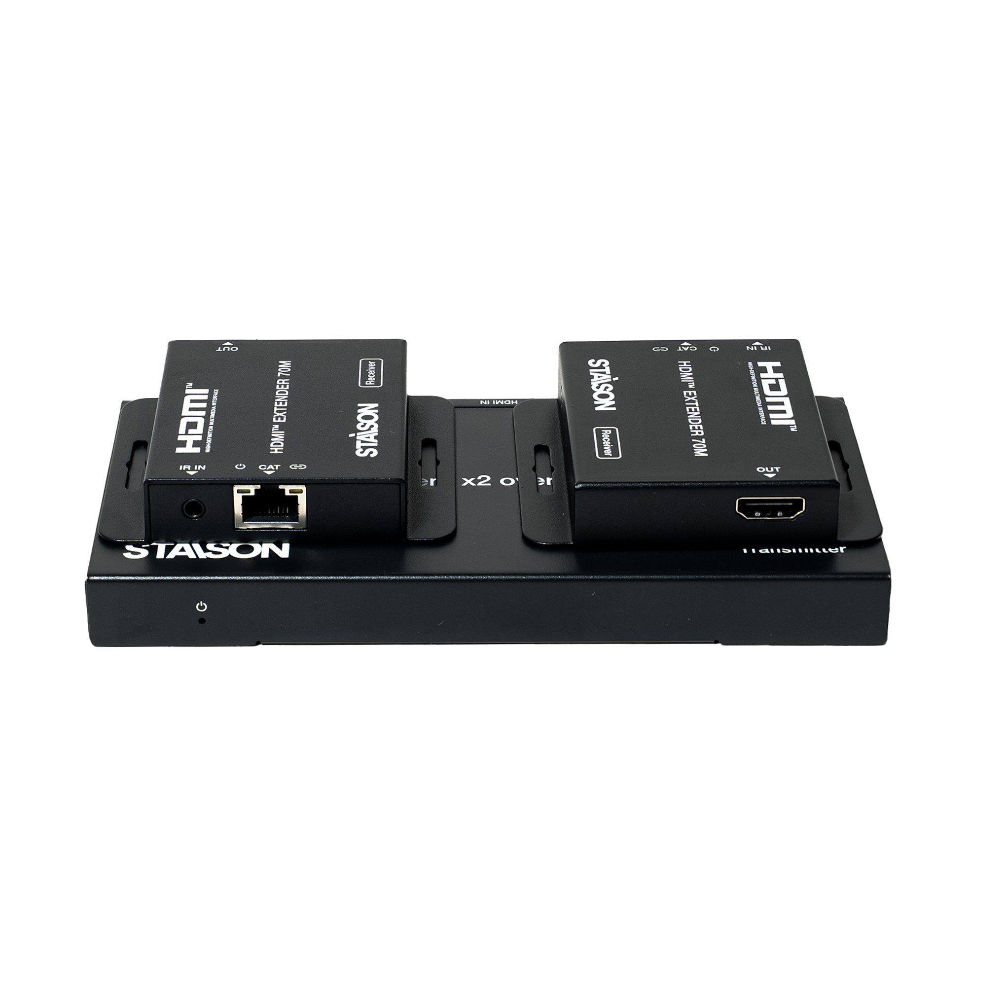HDMI splitter device with two ports on a white background