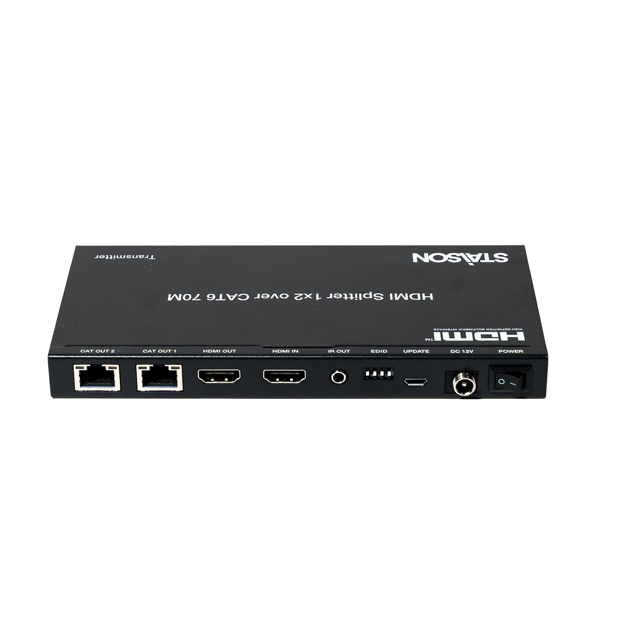 HDMI splitter device with multiple ports on a white background