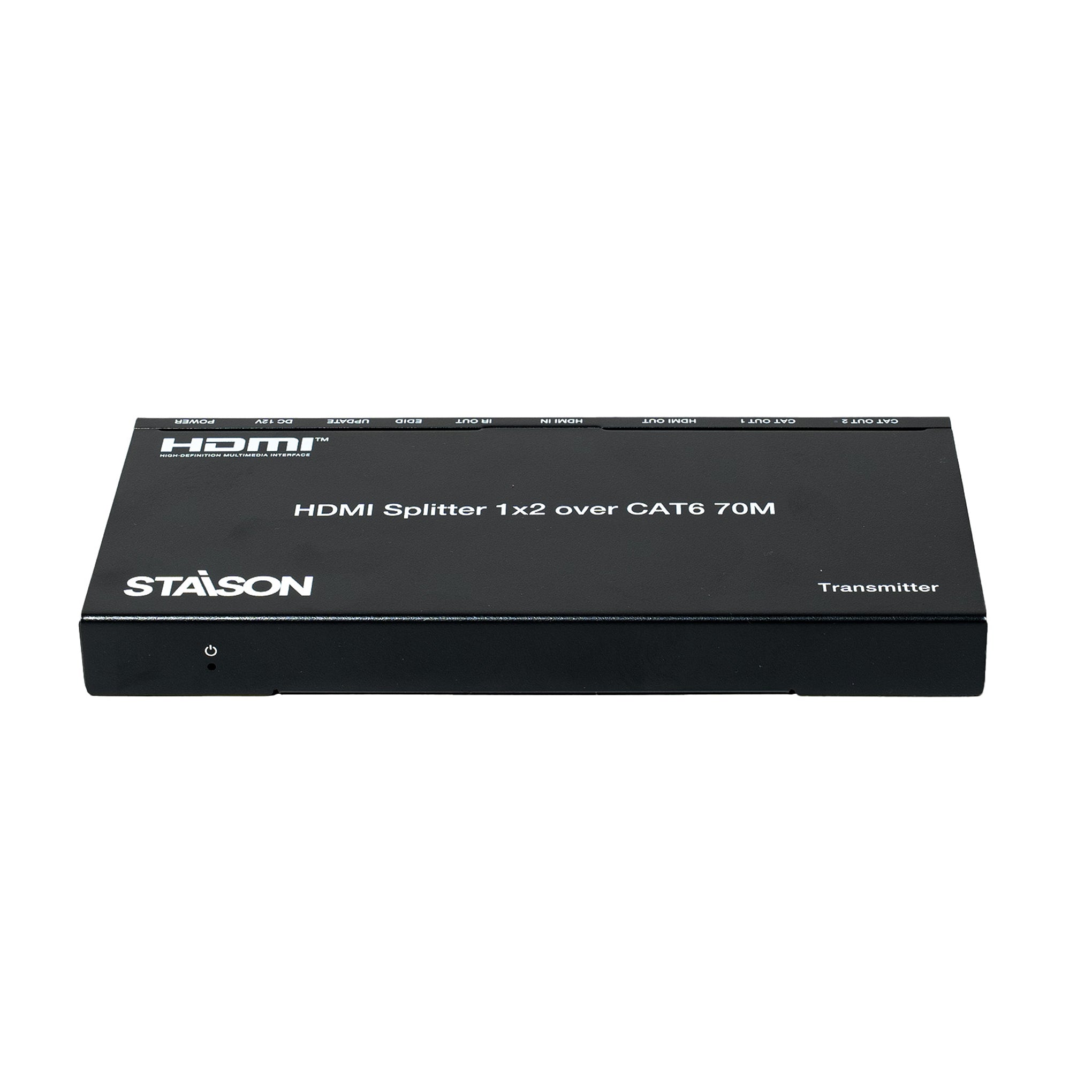 Black HDMI splitter box with 'Staison' branding on a white background