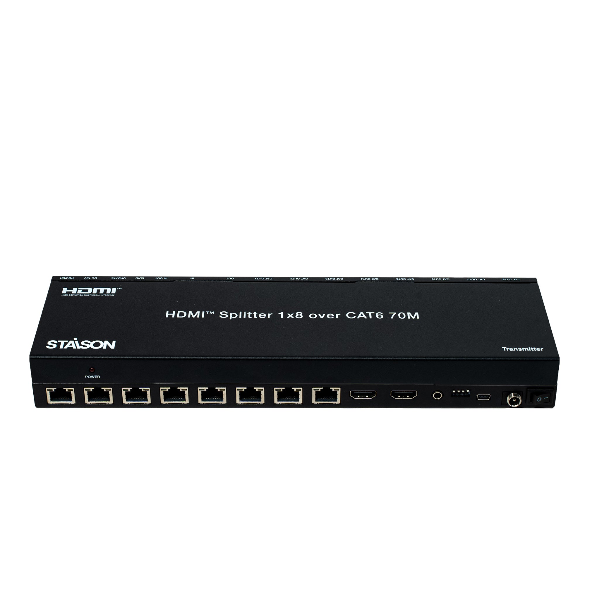 HDMI splitter with multiple ports on a white background