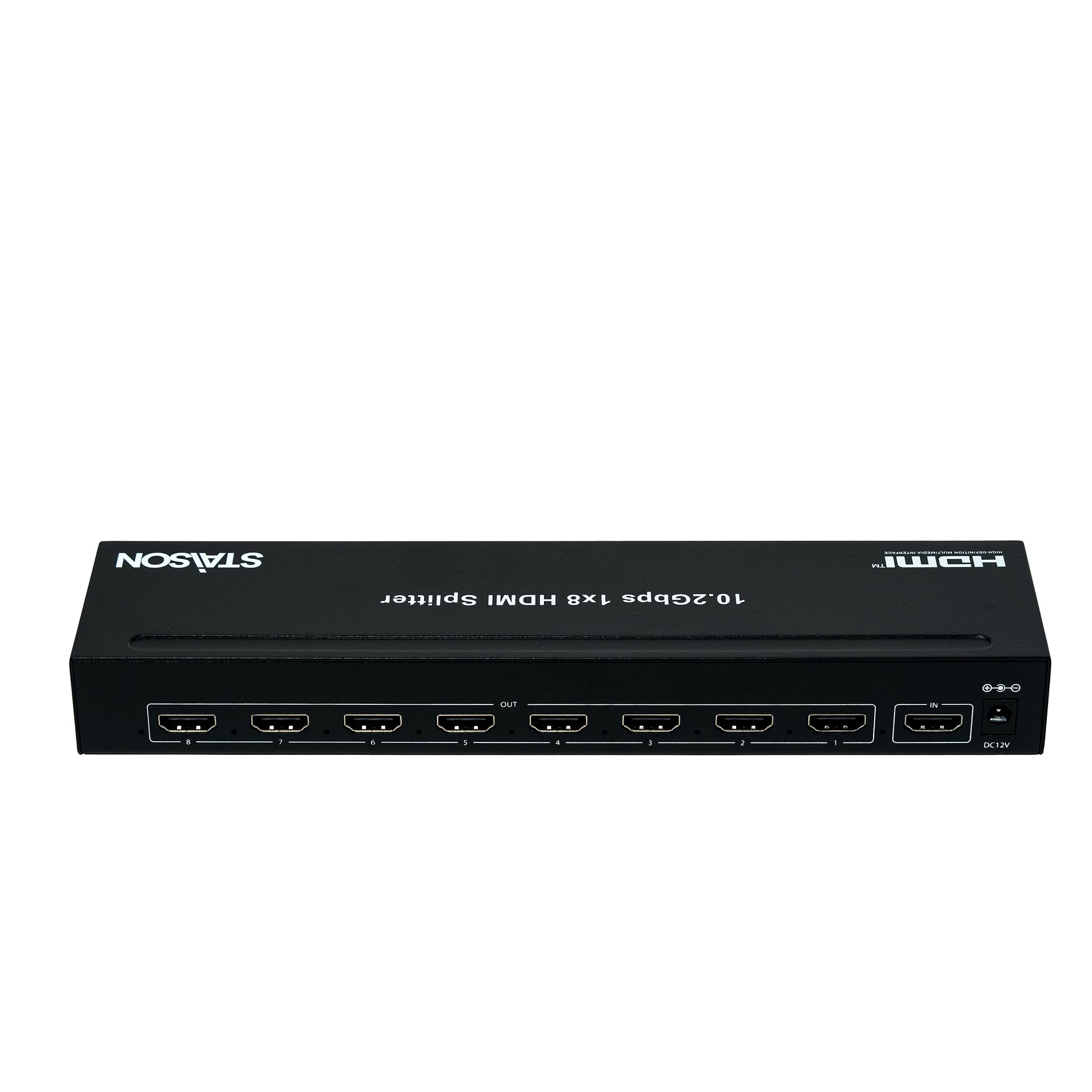 HDMI splitter with multiple ports on a white background.