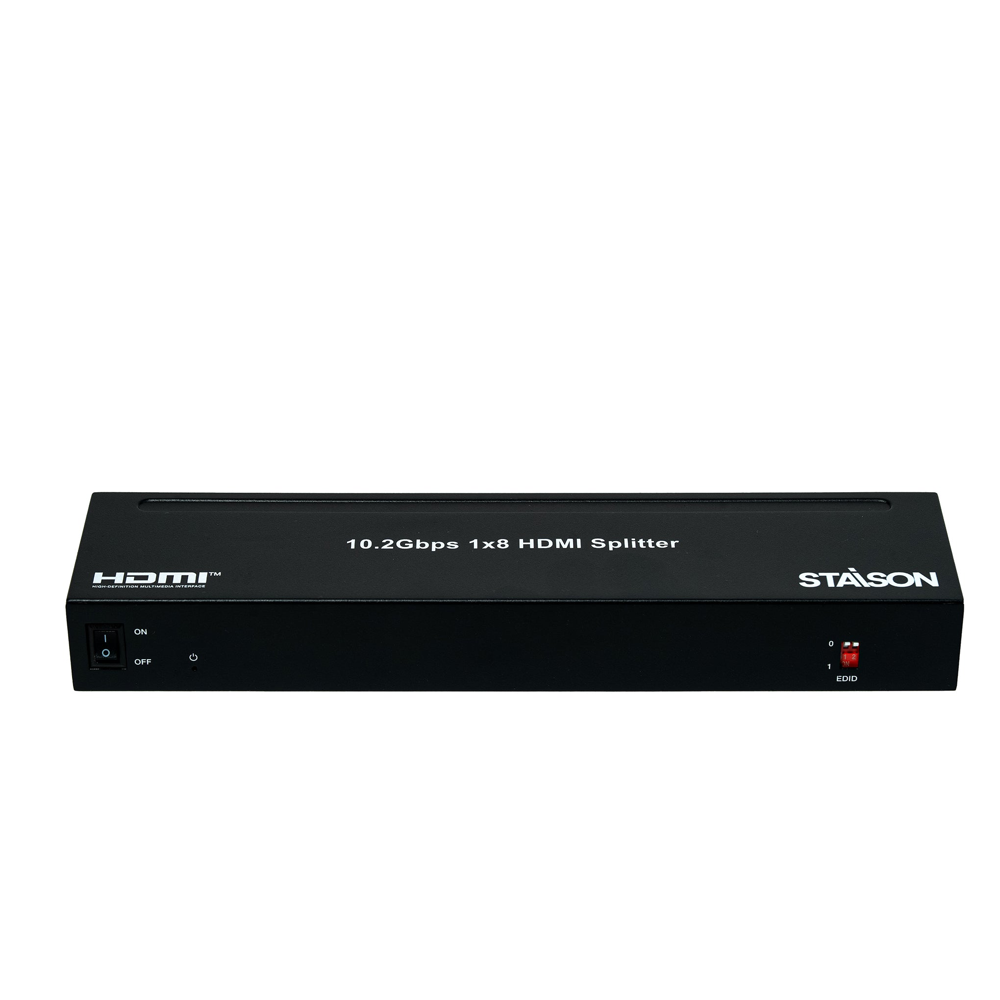 Black HDMI splitter with Stäsion branding on a white background