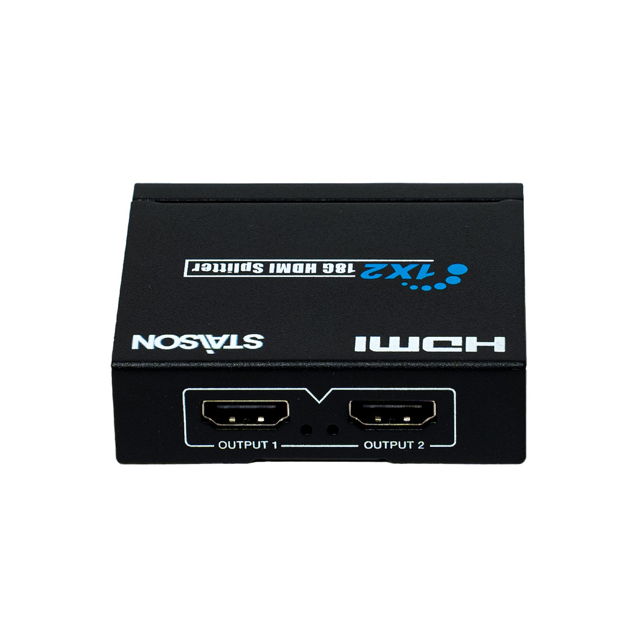 HDMI splitter with two outputs  with staison branding on a white background