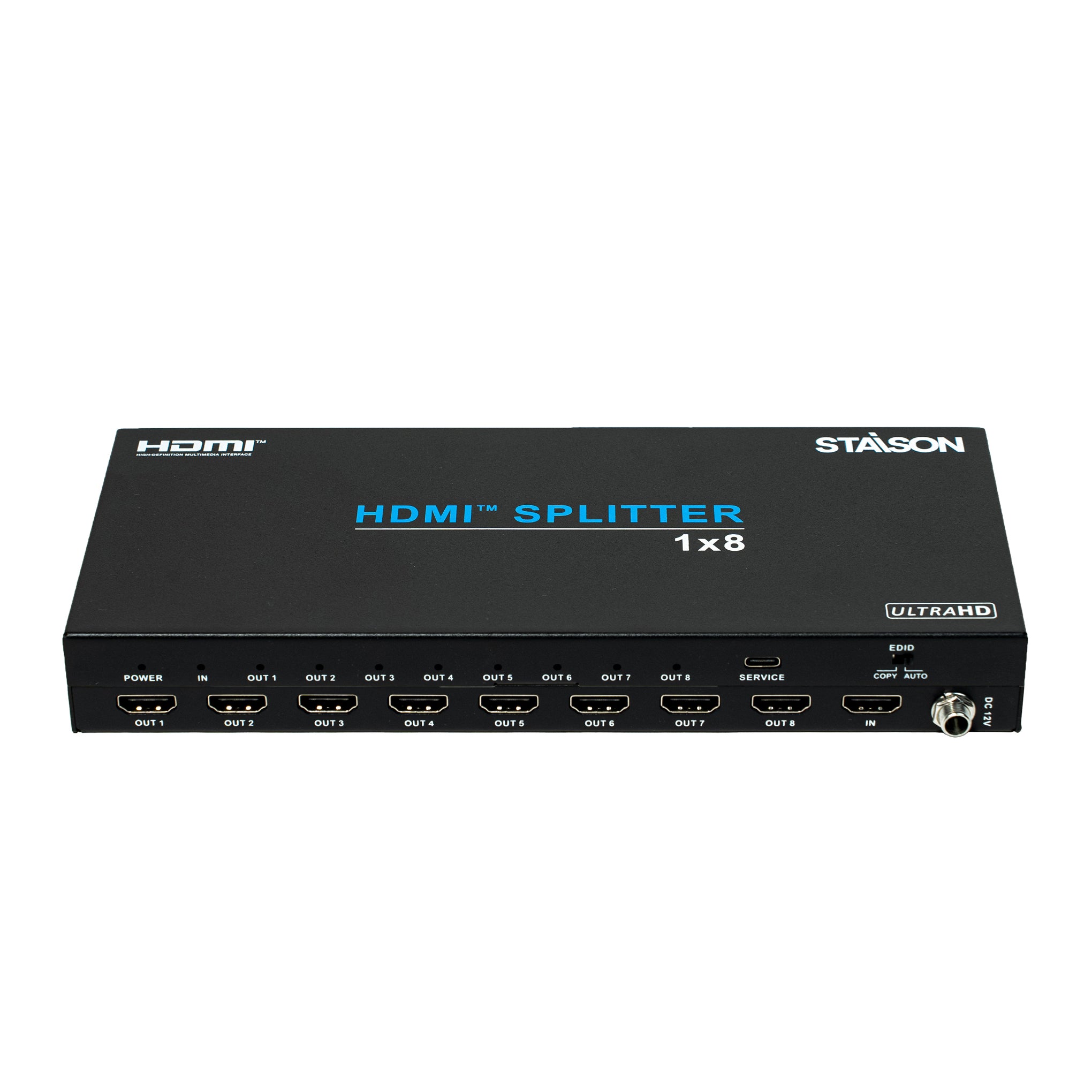 HDMI splitter with 1x8 configuration with staison branding on a white background