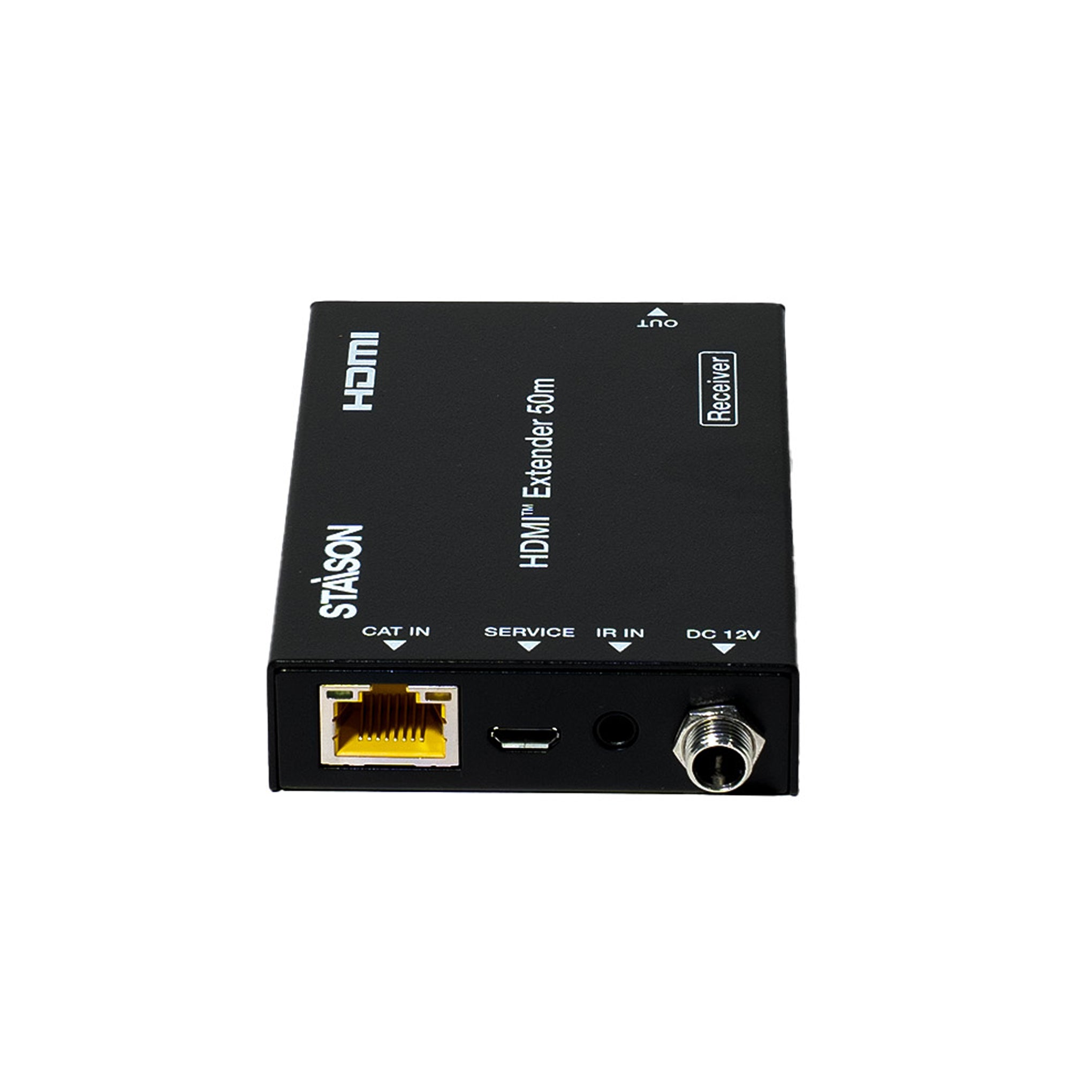 HDMI extender device with various ports on a white background