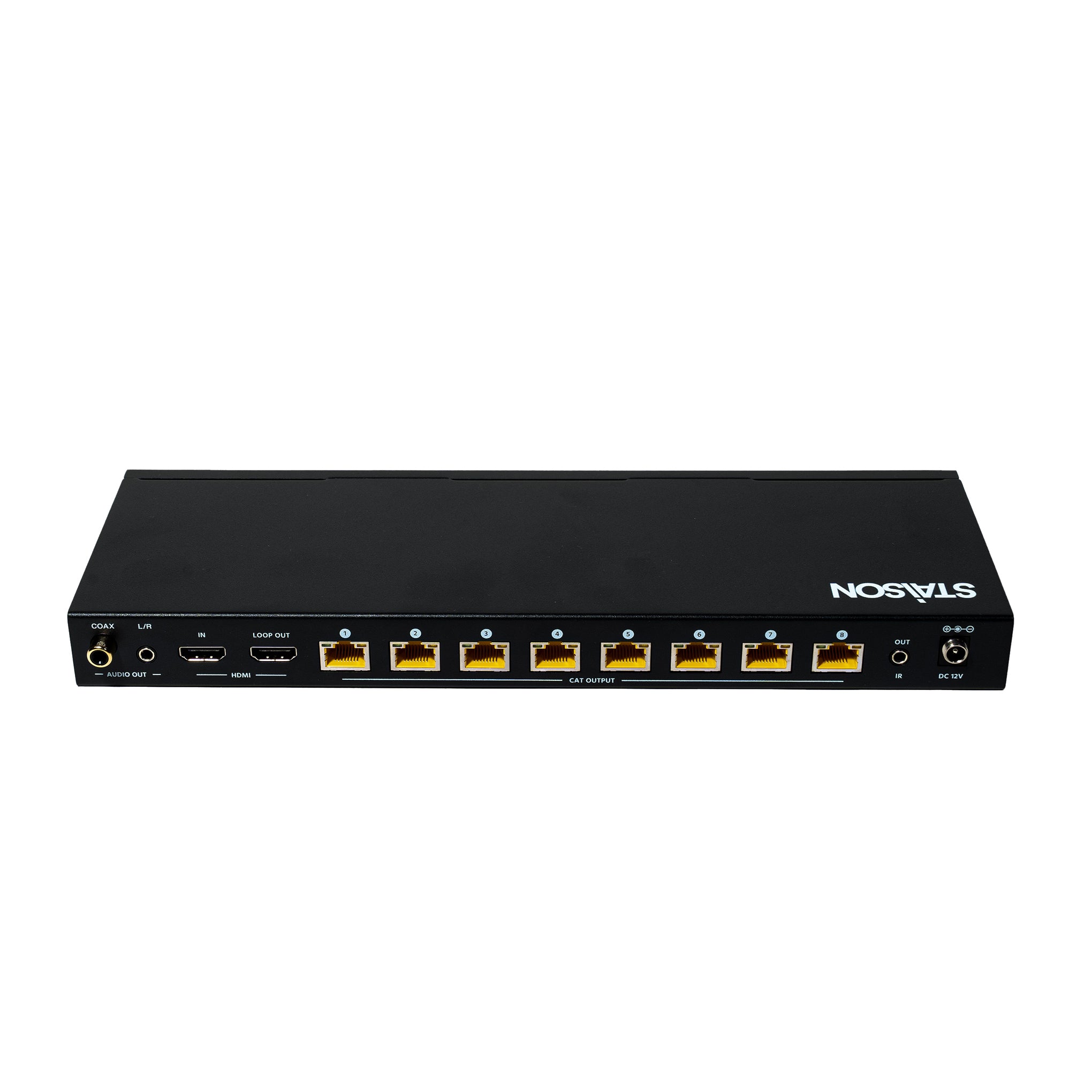 Black electronic device with multiple ports on a white background