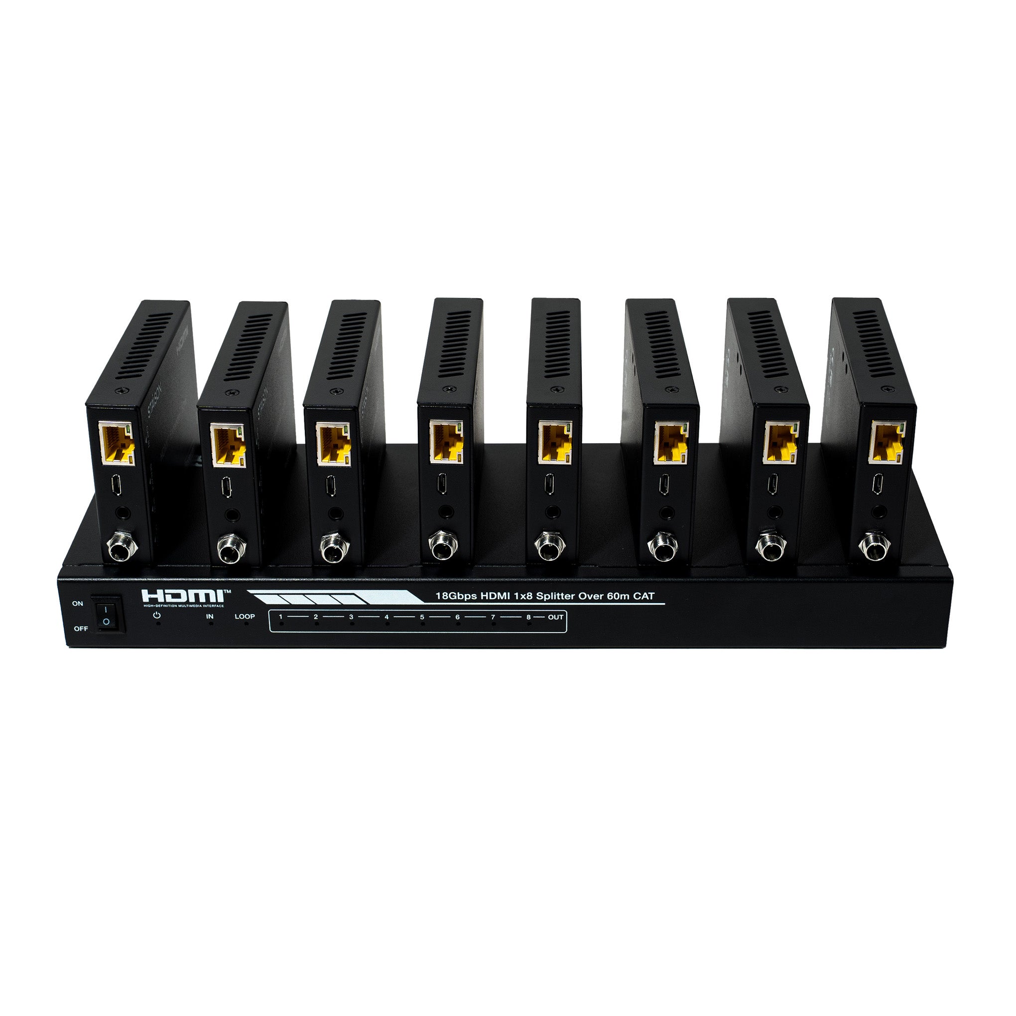 HDMI splitter with multiple ports on a white background 