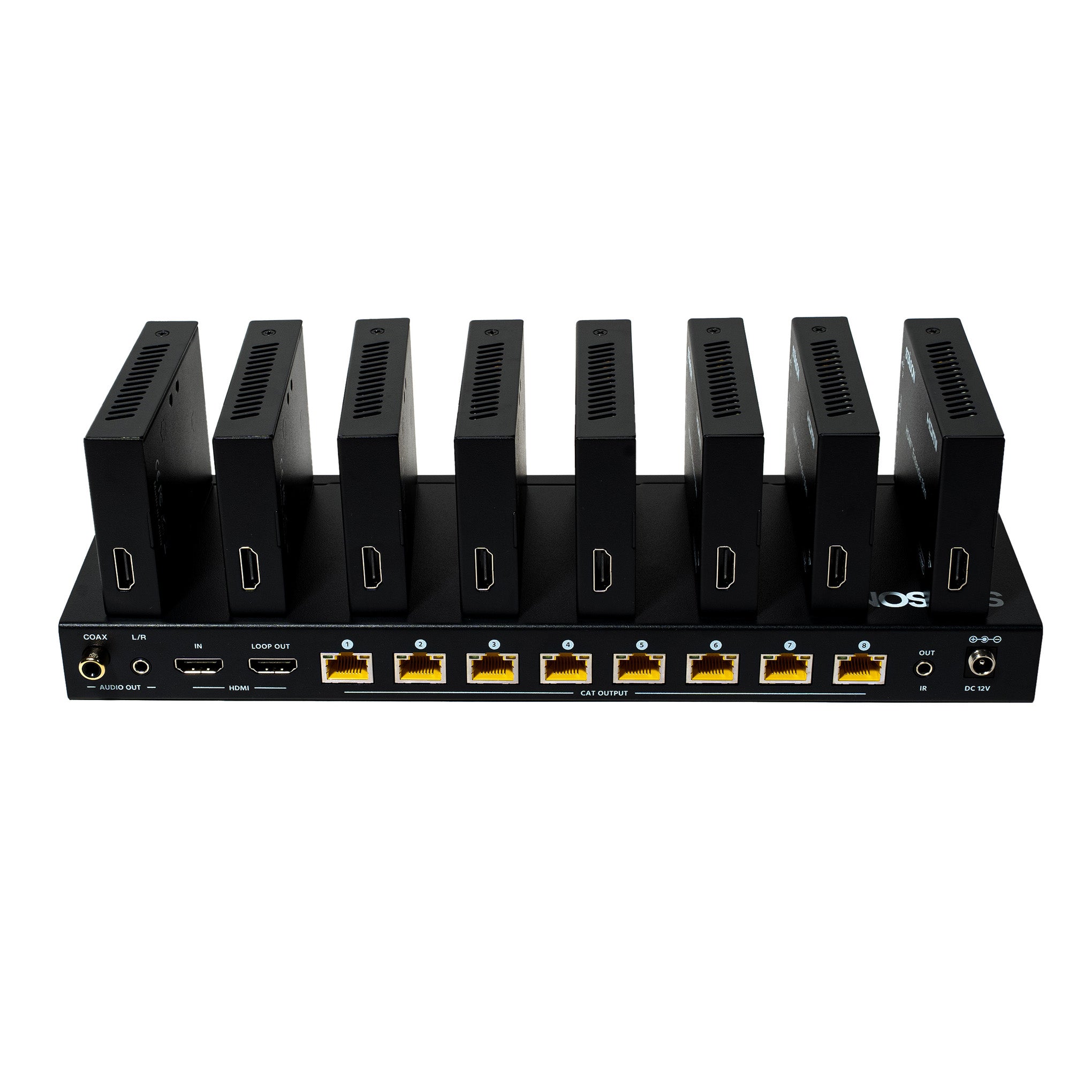 HDMI splitter with multiple ports and staison branding on a white background. 