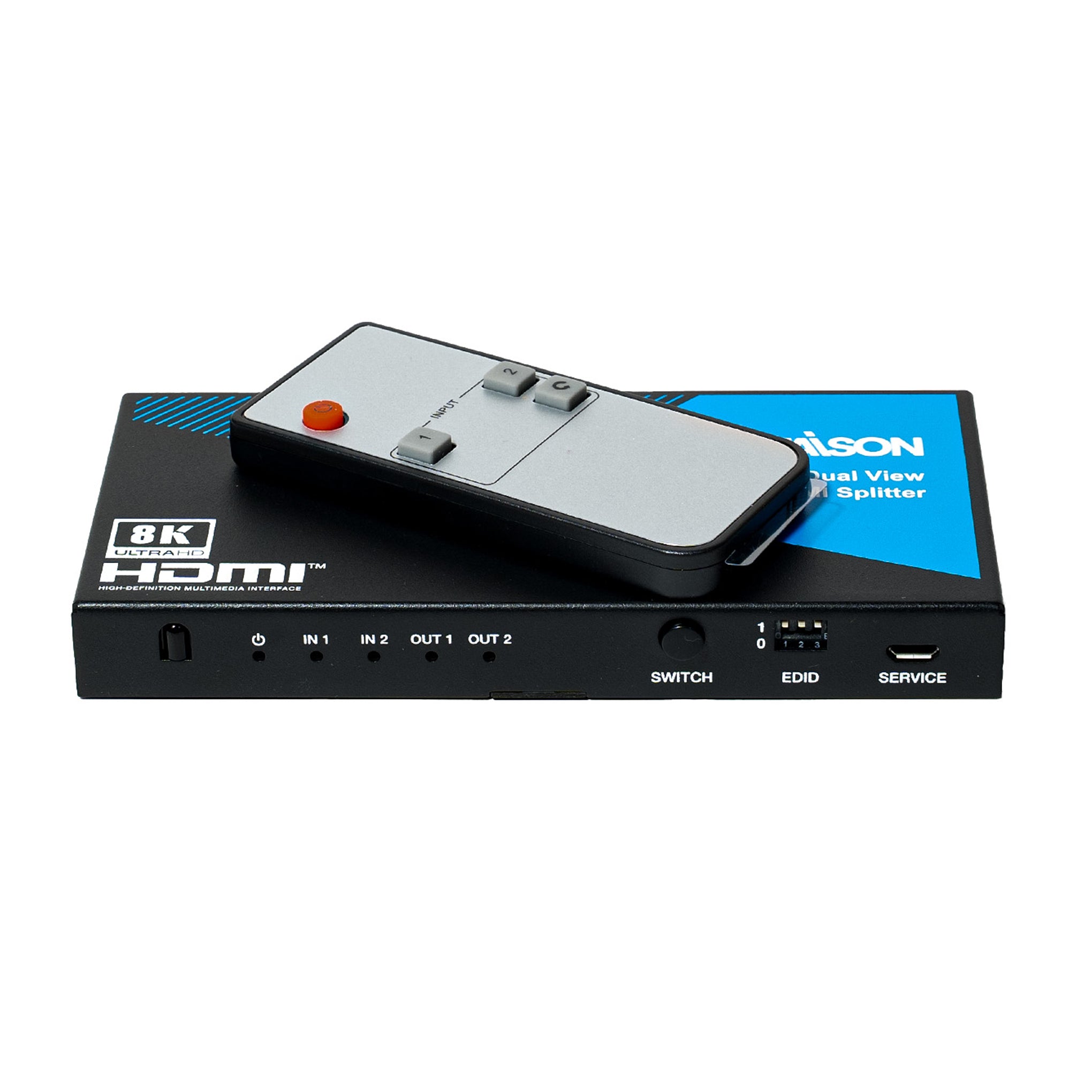 HDMI splitter with remote control and STAISON branding on a white background