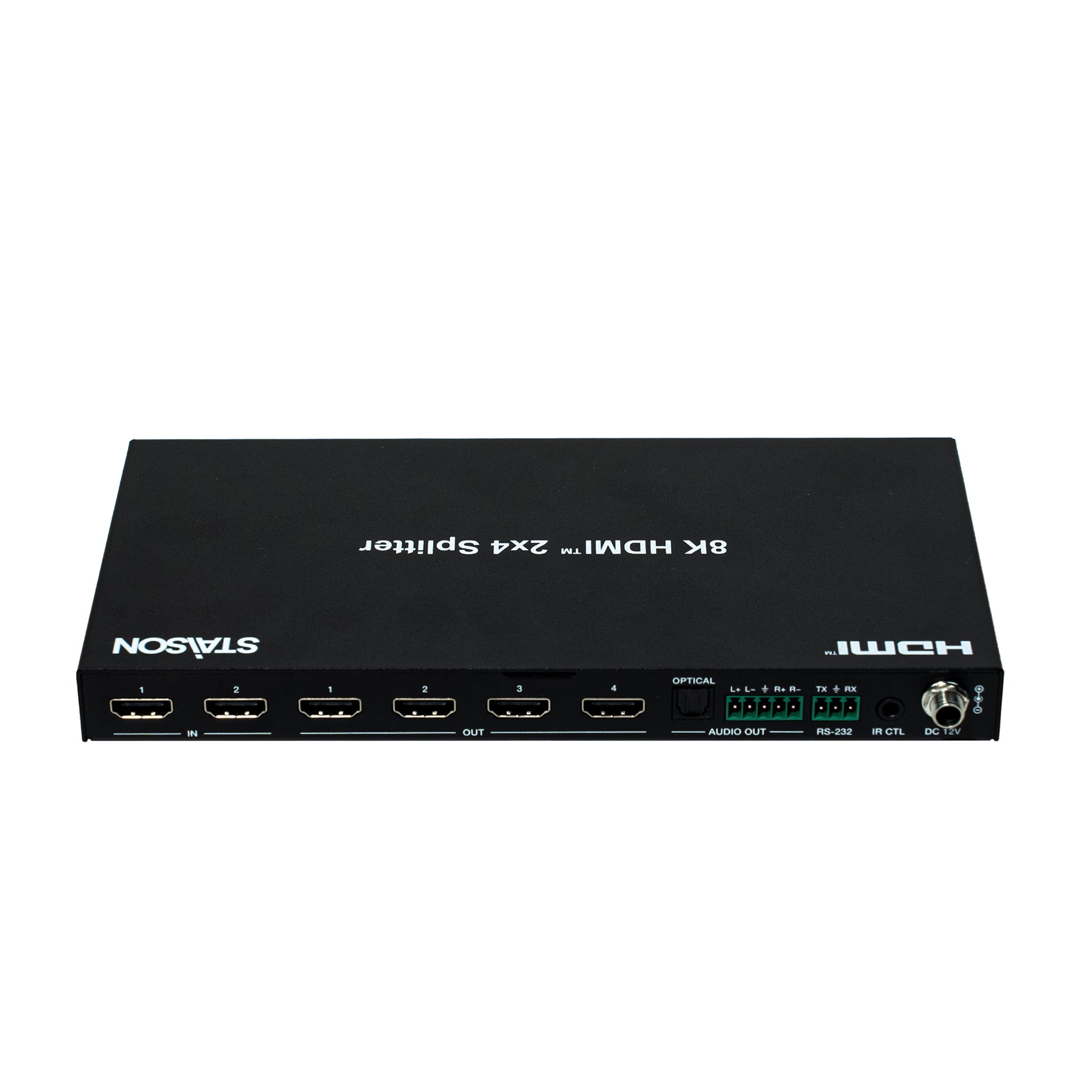Black 8K HDMI 2x4 Splitter with multiple ports on a white background