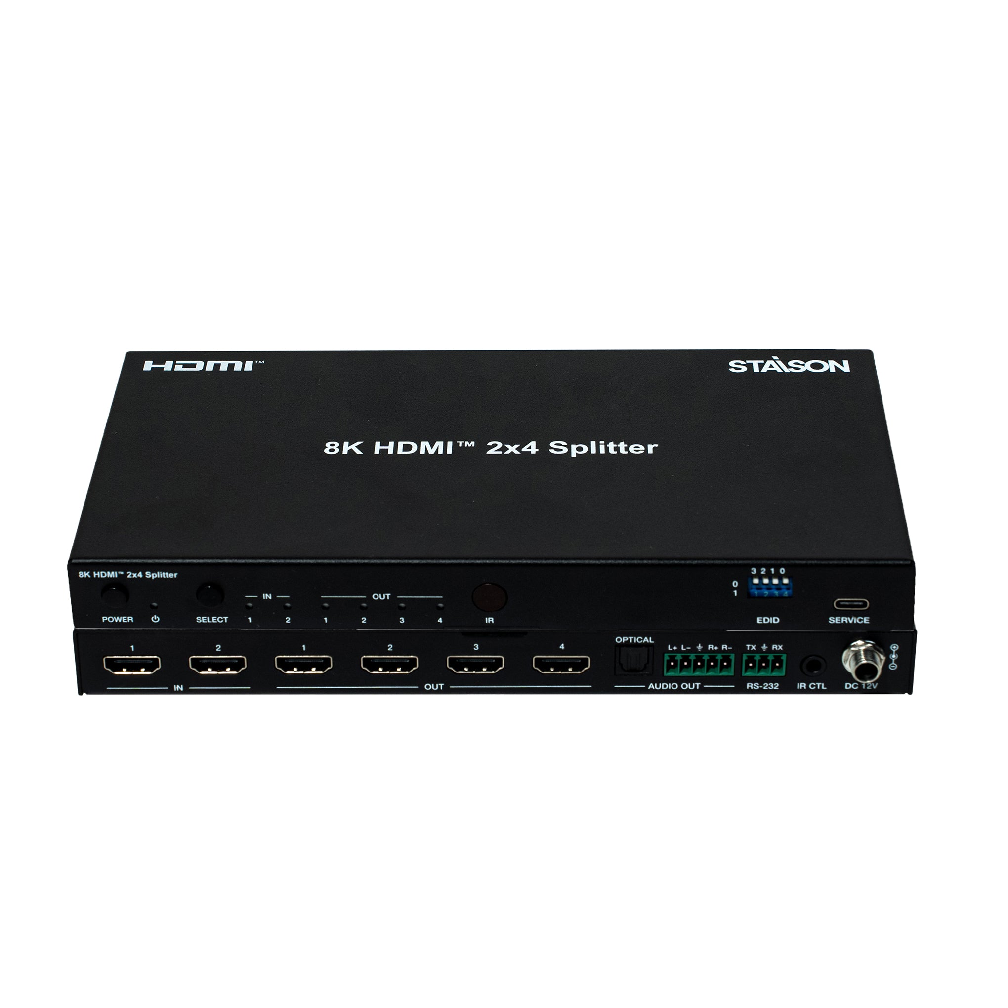 Black 8K HDMI 2x4 Splitter with Staison branding on a white background