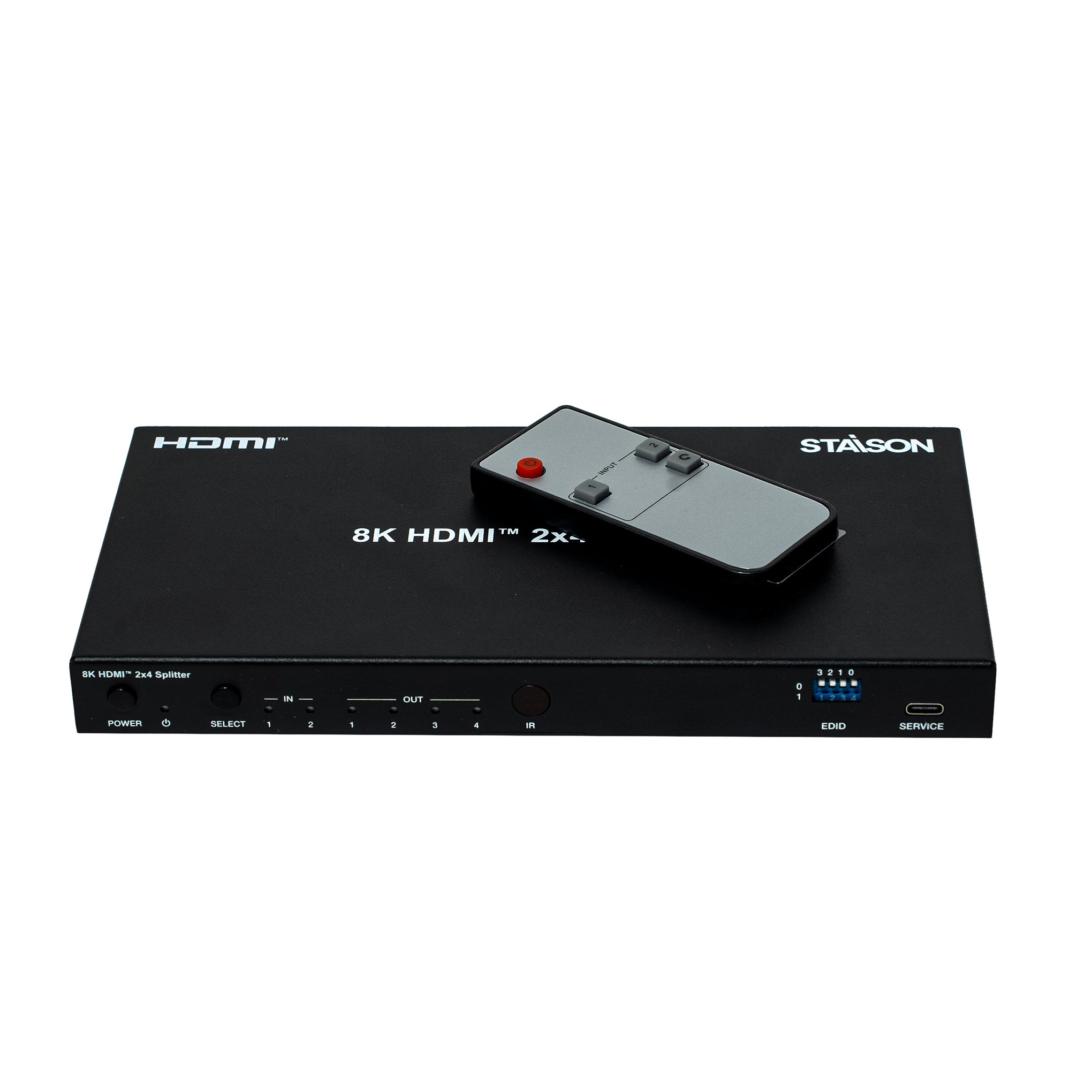 8K HDMI splitter with remote control and staison branding on a white background