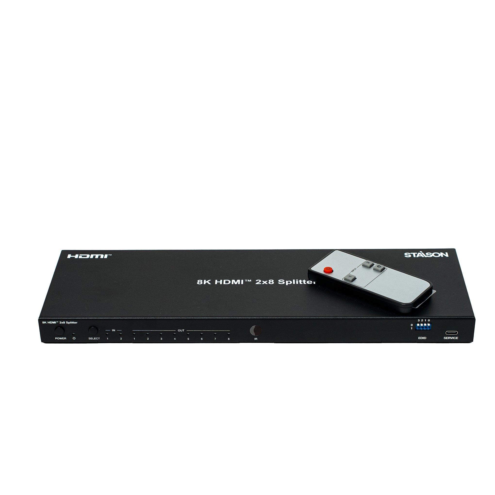 HDMI splitter with remote control and staison branding  on a white background