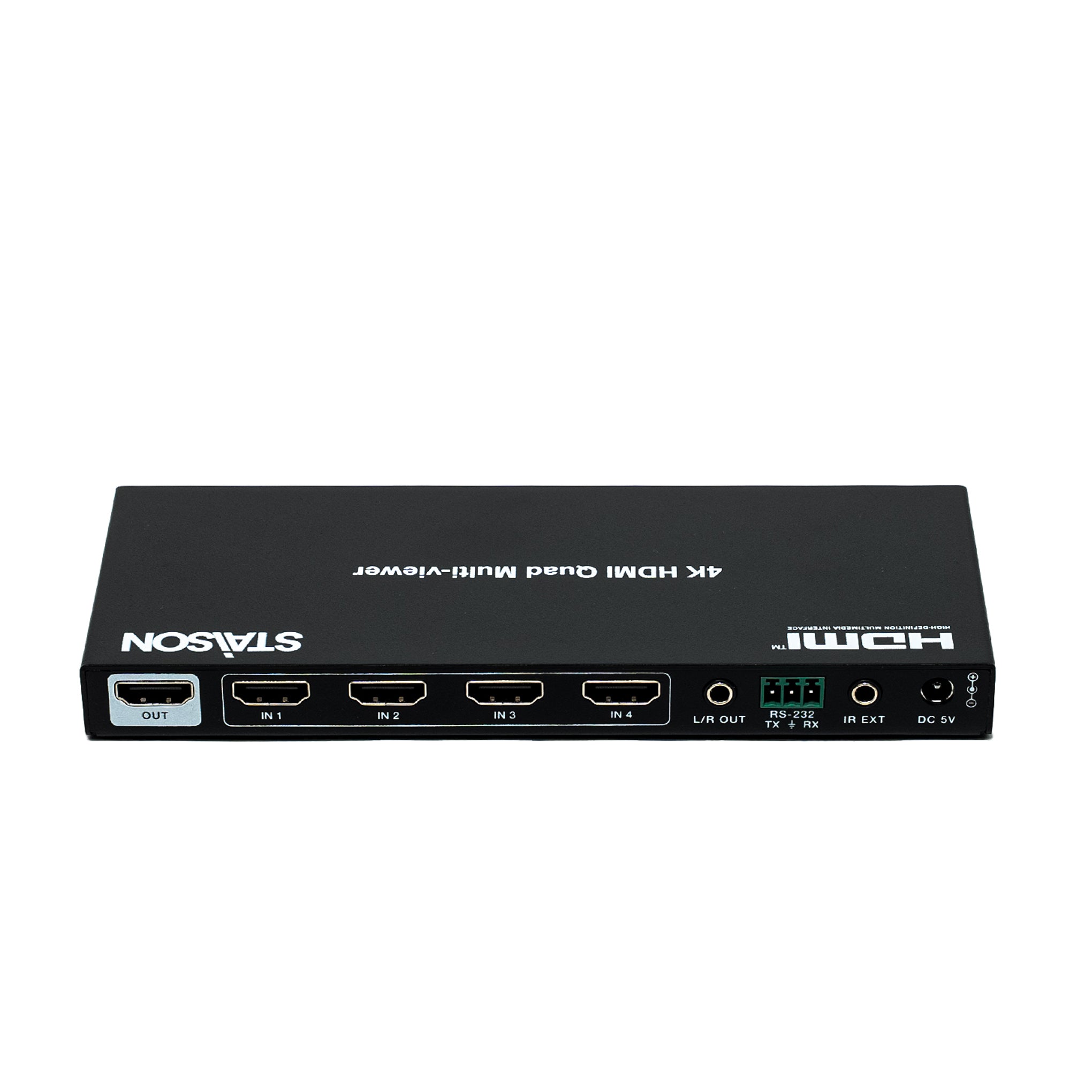 Black HDMI multi-viewer with multiple input ,output ports and staison branding on a white background