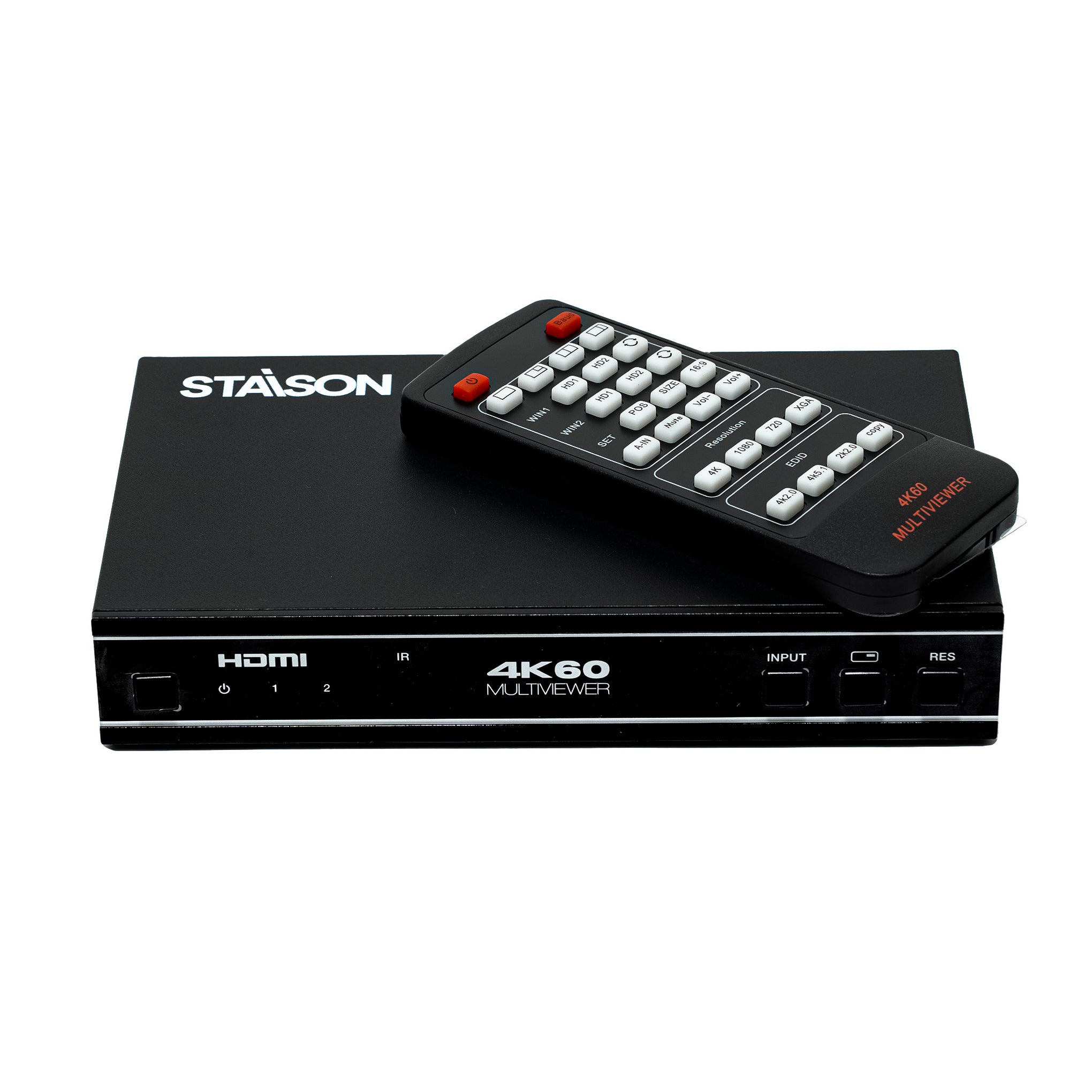 Black multimedia device with remote control on a white background, featuring the brand 'Staison'.